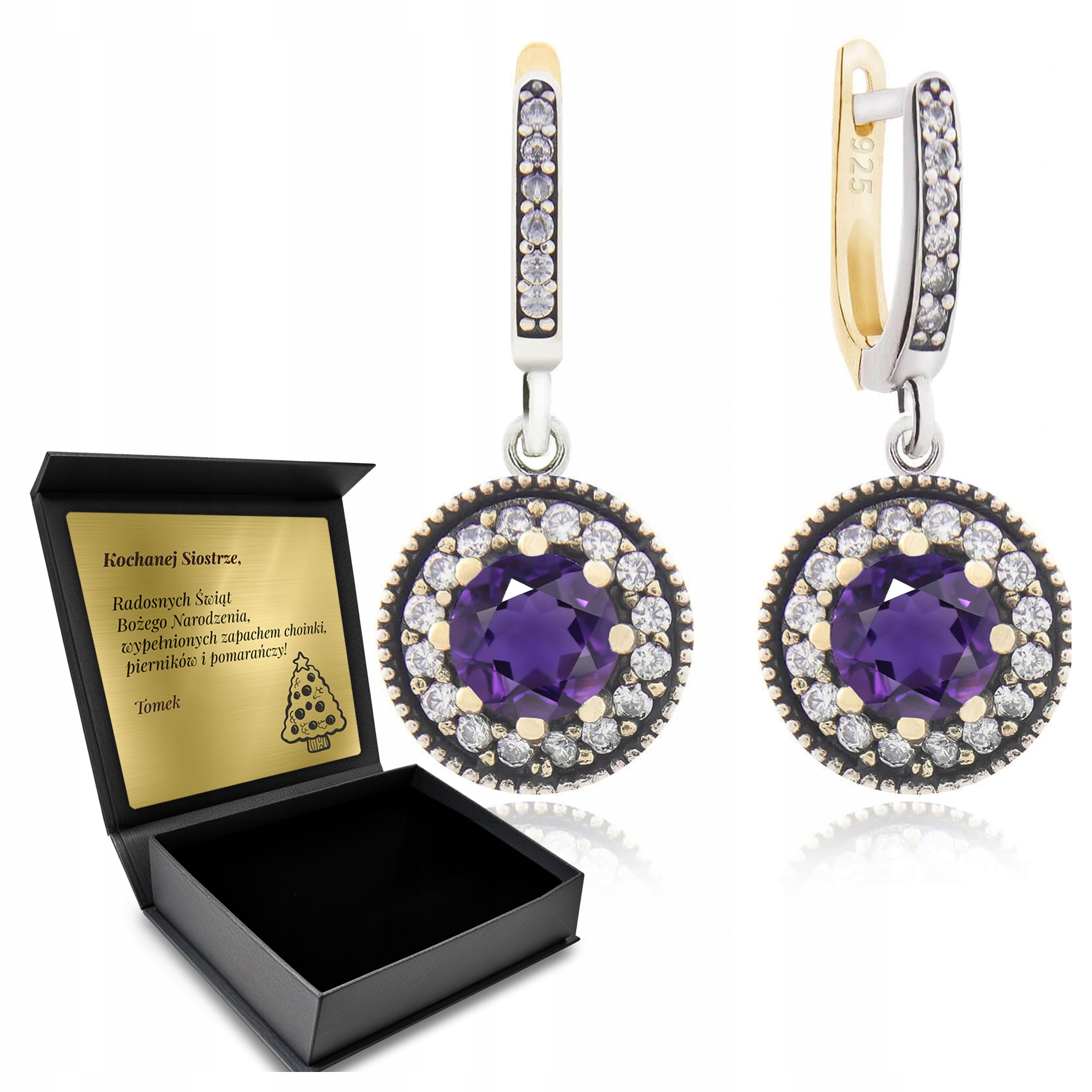 Stříbrné Náušnice 925 Se Zirkony A Ametystem pro ženy Gravírování Bonus