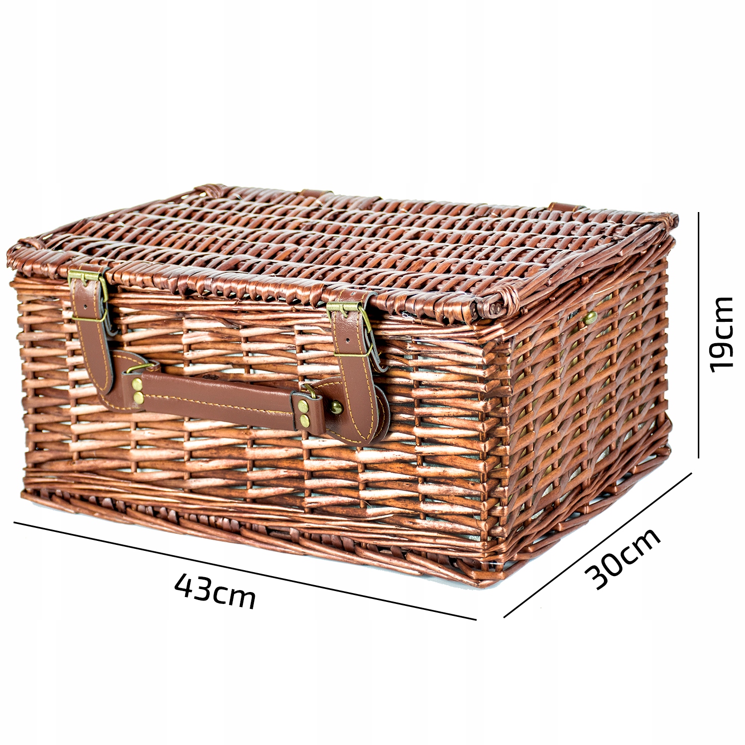 KOSZ PIKNIKOWY KOSZYK WIKLINOWY NA BIWAK ZAMYKANY PREZENT URODZINY ROCZNICĘ Szerokość produktu 43 cm