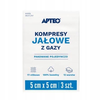 APTEO CARE Kompresy jałowe z gazy 5x5cm, 3 sztuki Producent wyrobu medycznego SYNOPTIS PHARMA SP. Z O.O.