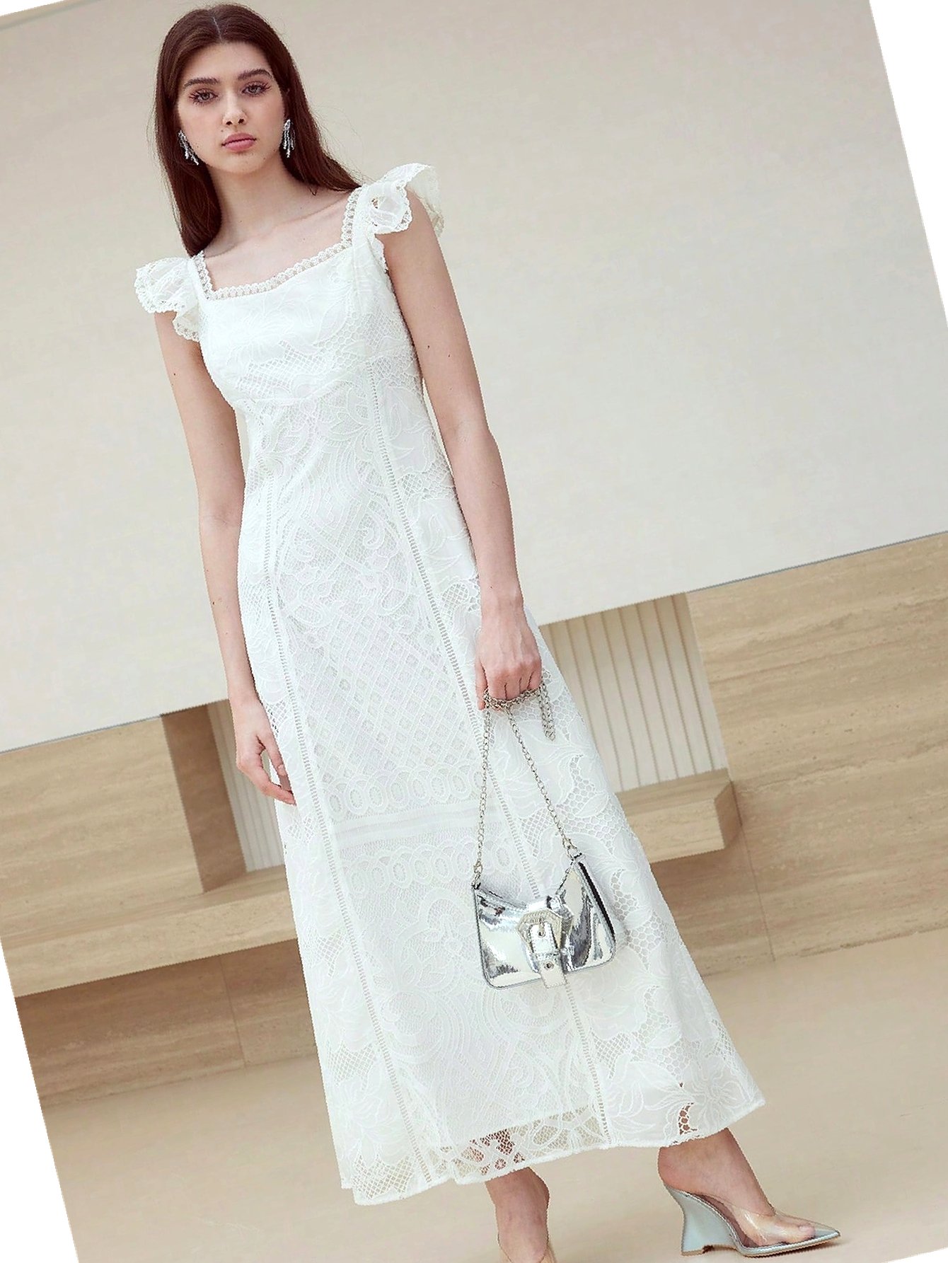 Šaty Premium Krajková Balová Bílá Motf Elegantní Maxi S 36