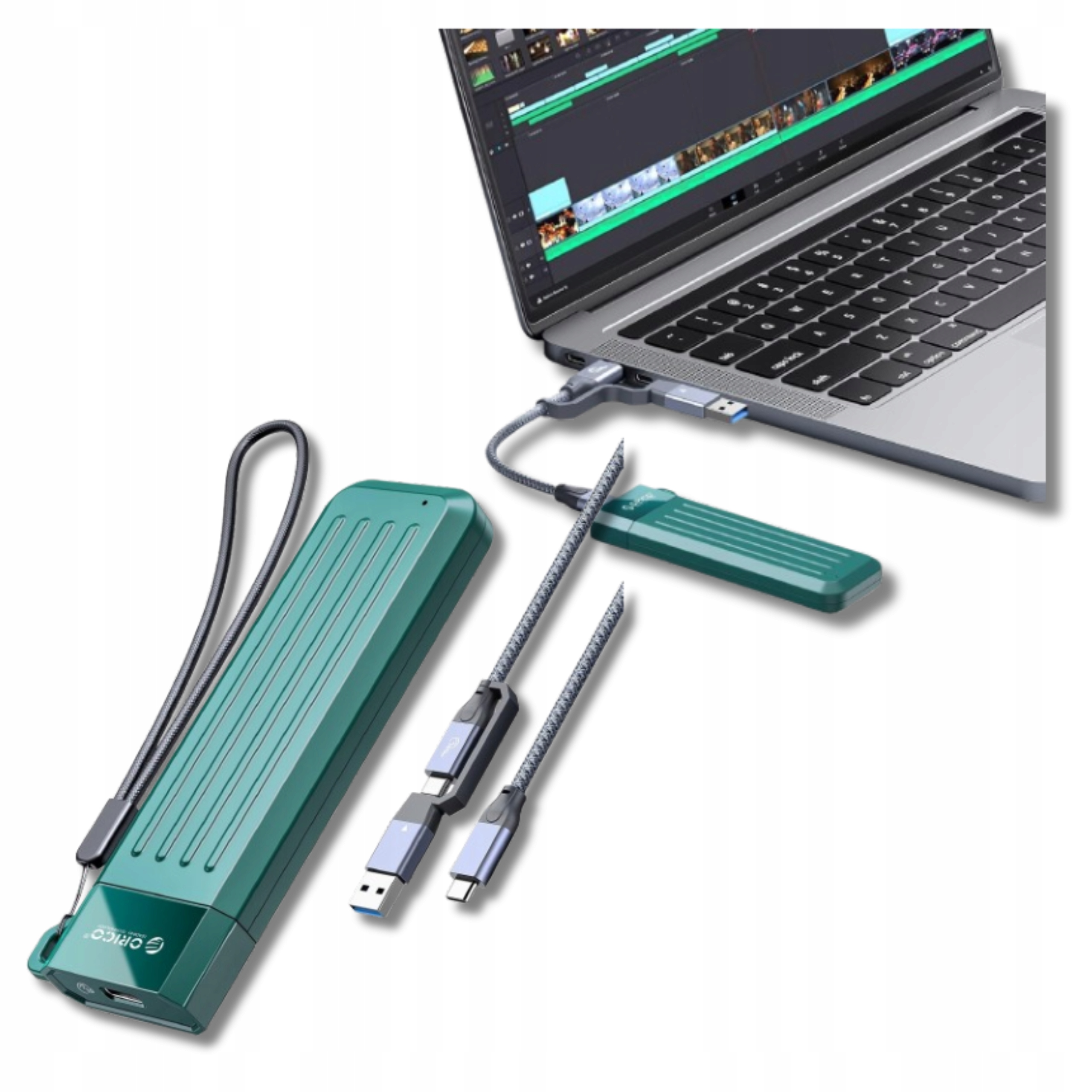 Pouzdro Usb 3.2 Gen 2 Typ C na disk Ssd M.2 NVMe do 10 Gbps, hliníkově zelené