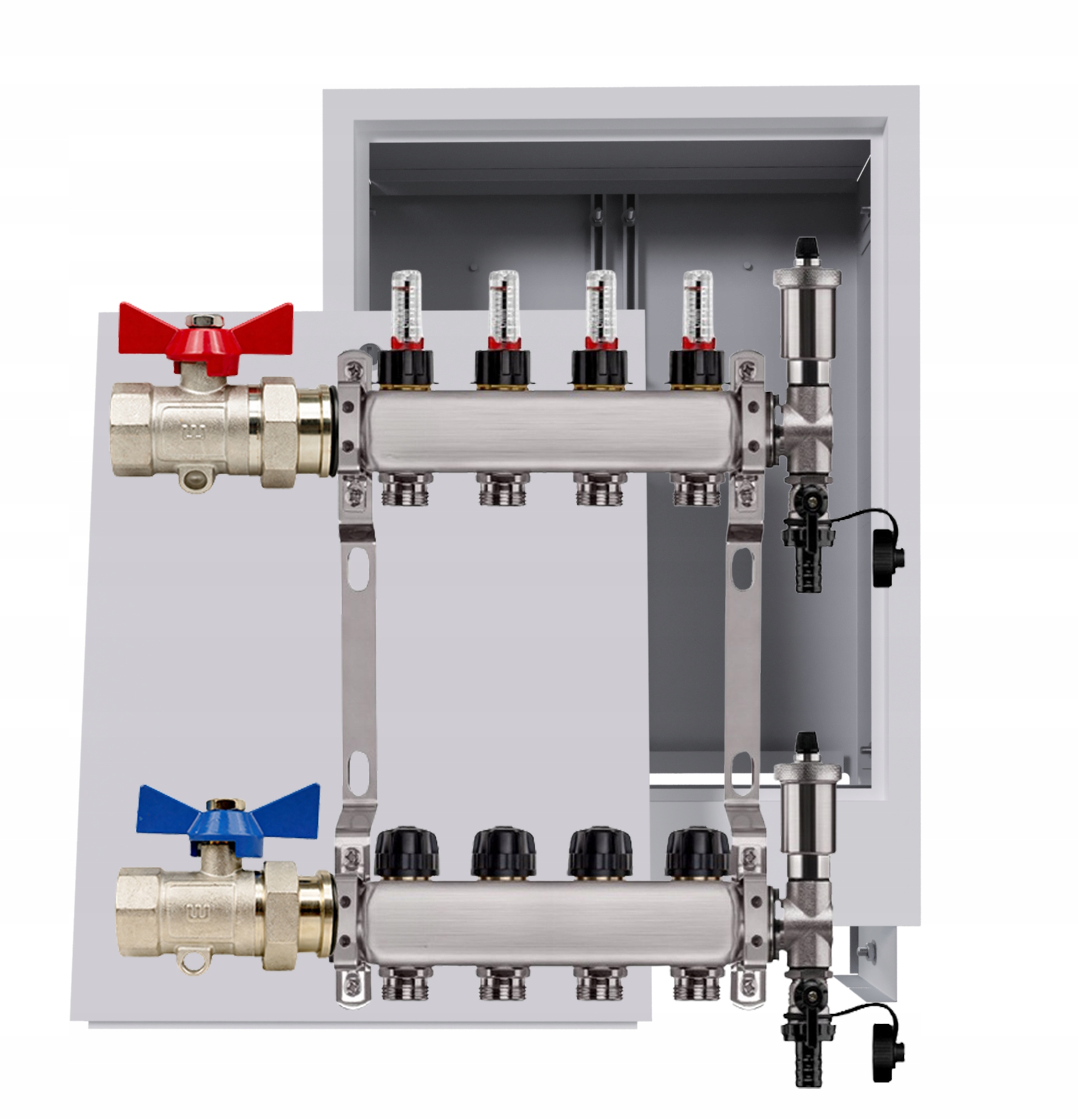 Nerezový rozdělovač podlahy 4 okruhy podomítková skříňka ventily