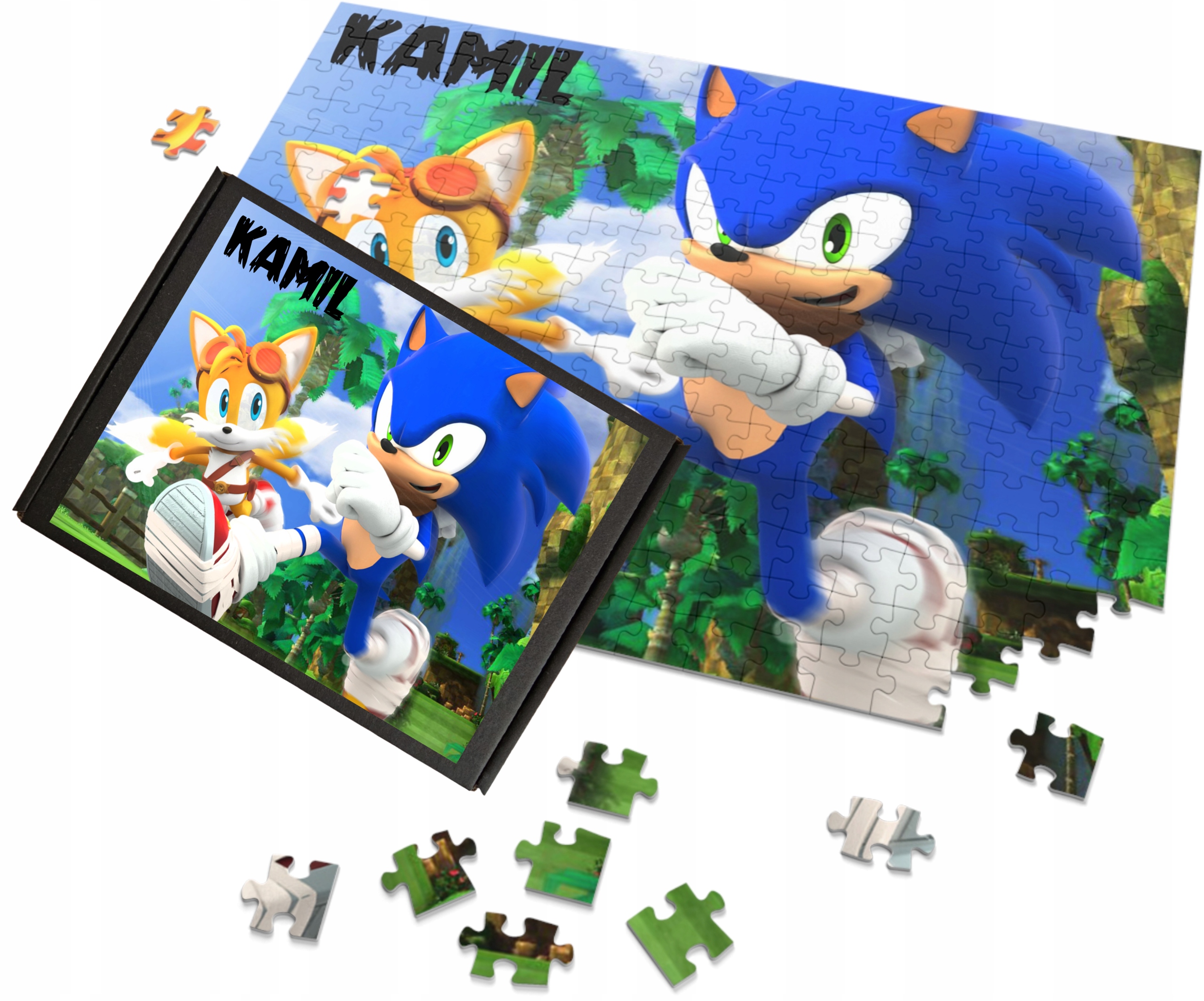 Puzzle + IMIĘ pudełko SONIC 2 Hedgehog A4 70 el