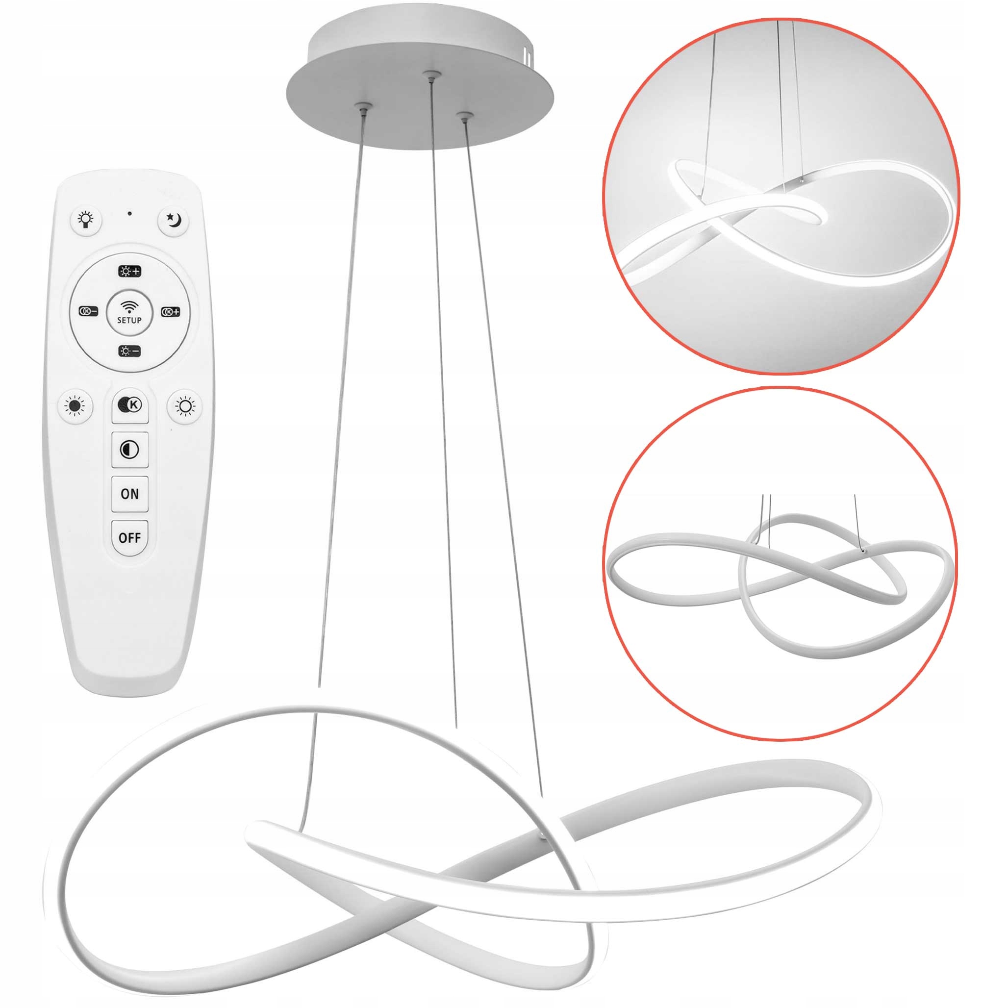 Závěsná lampa Bílá Led Ring Regulovatelný Bílý lustr Kroužky Dálkový Ovladač