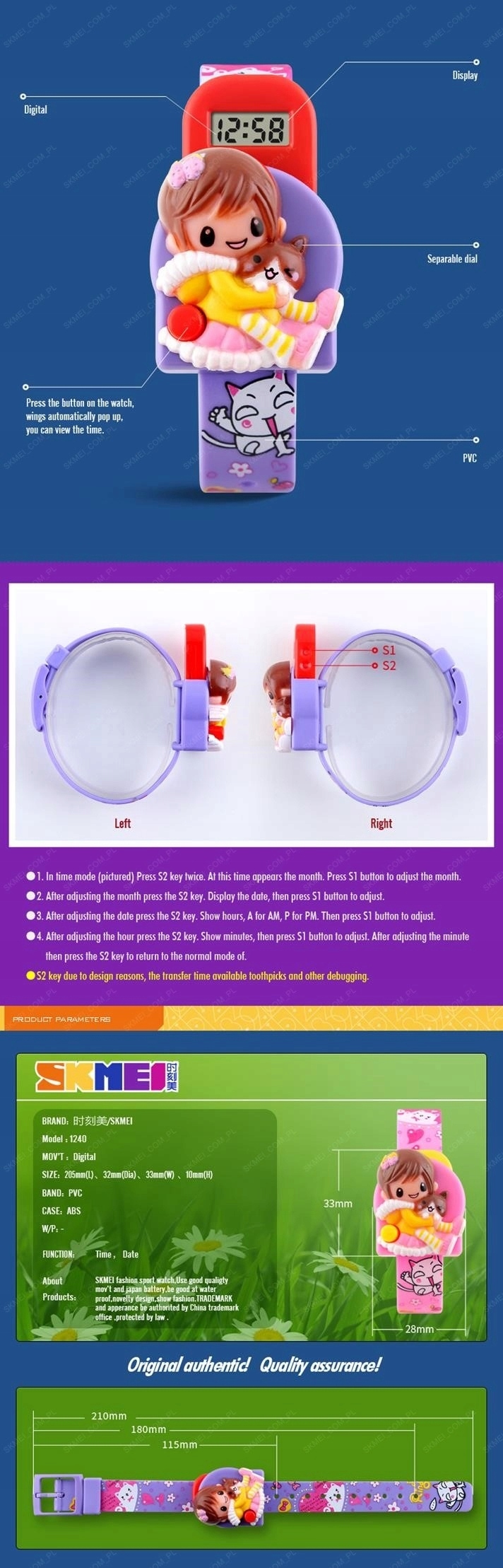 Zegarek SKMEI dziecięcy fioletowy dziewczynka Mechanizm kwarcowy