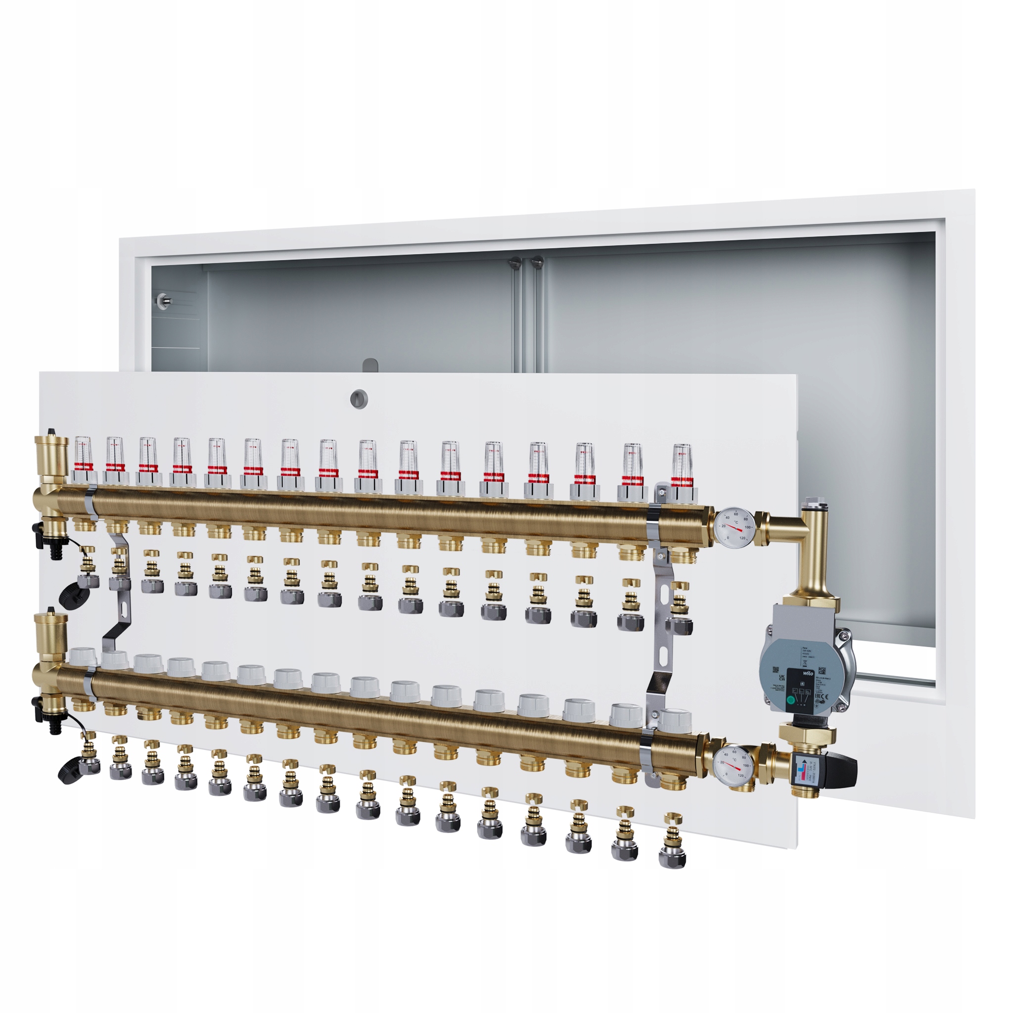Rozdělovač pro podlahu 16 s čerpadlem Wilo a podomítkovou schránkou Pex
