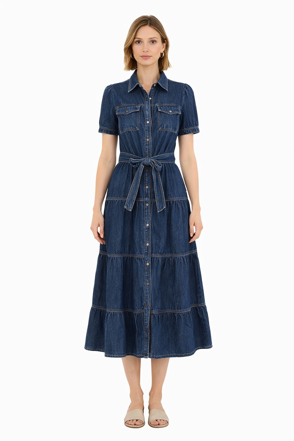 Tmavě Modrá Rozevřená Šaty S Páskem M I4A