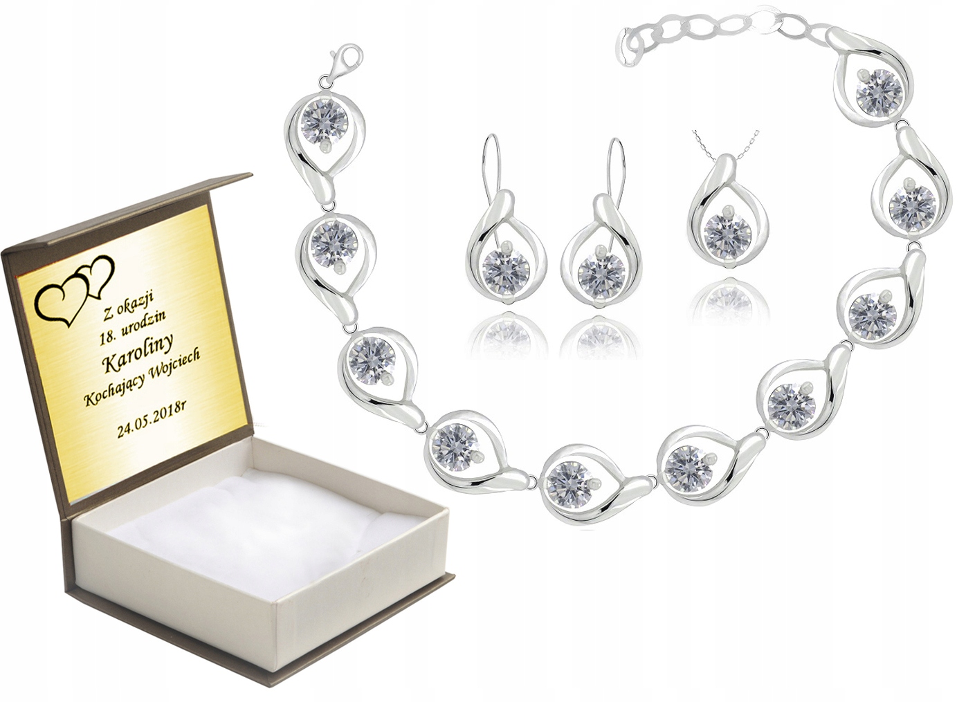 

Komplet Biżuterii Srebrnej Z Cyrkoniami + Grawer