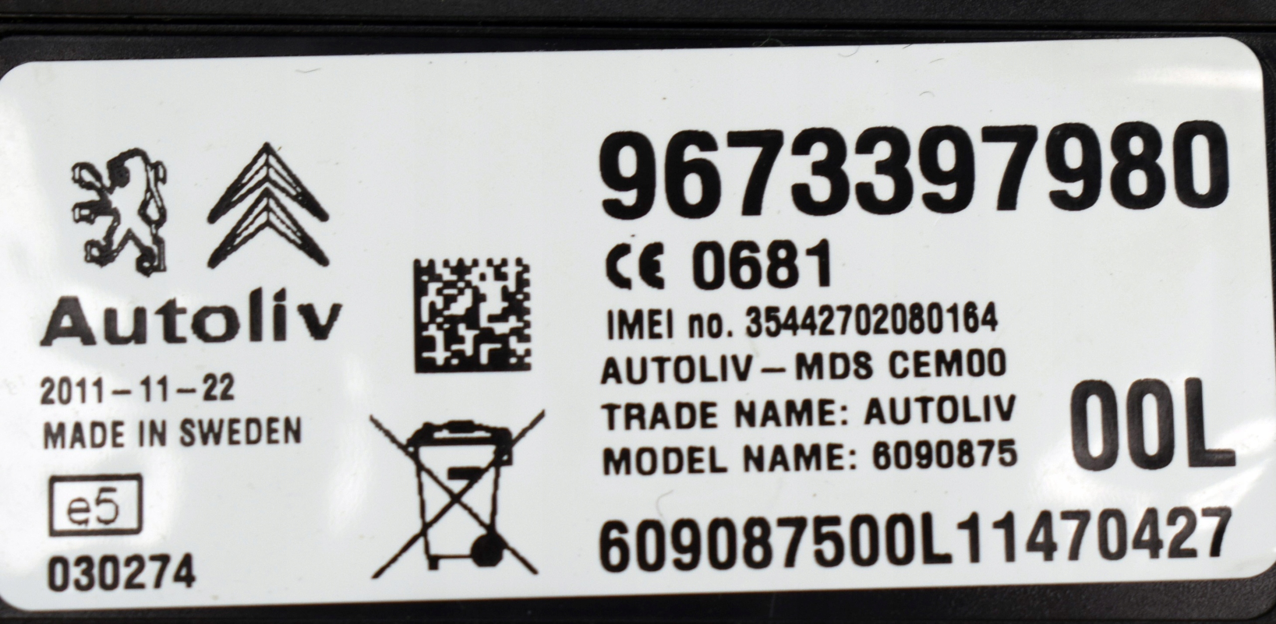 CITROEN C5 III 3 X7 9673397980 MODULO AUTOLIV NG4