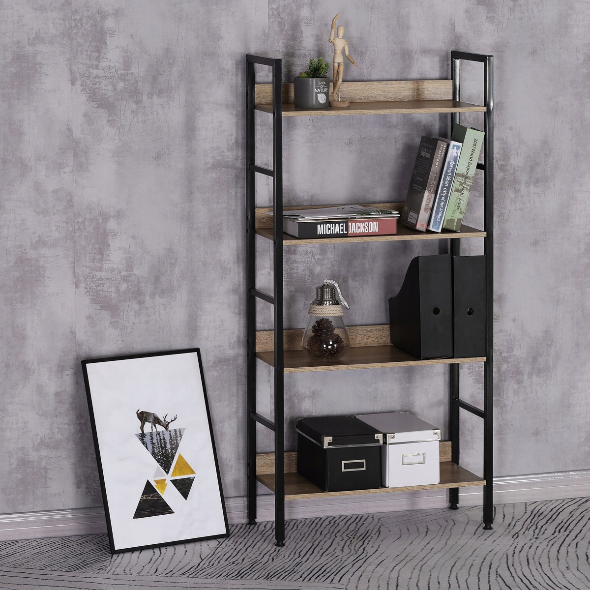 Regál Autronic Regál, 4 police, dekor dub, Mdf, černý lak (GD-314 Oak)