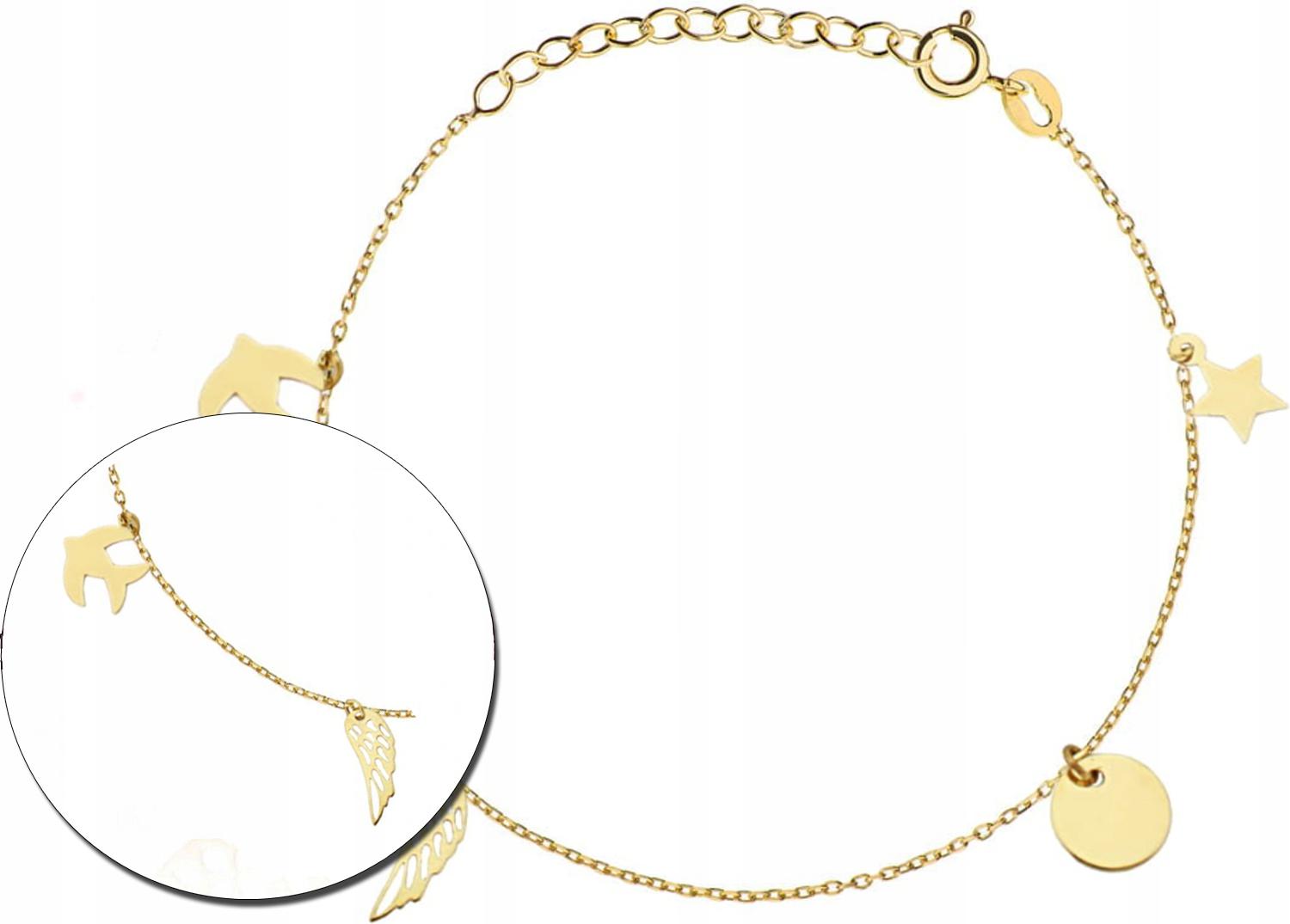 Zlatý náramek 585 s hvězdičkou, kroužkem, křídlo ideální jako dárek 14k