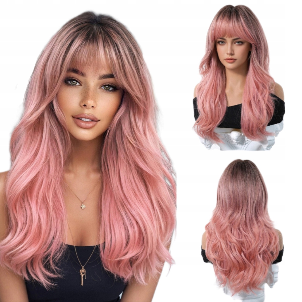 Dámská Paruka Ombre Zrzavá Růžová Dlouhé Vlasy s Ofinou 60 cm (24 palců)