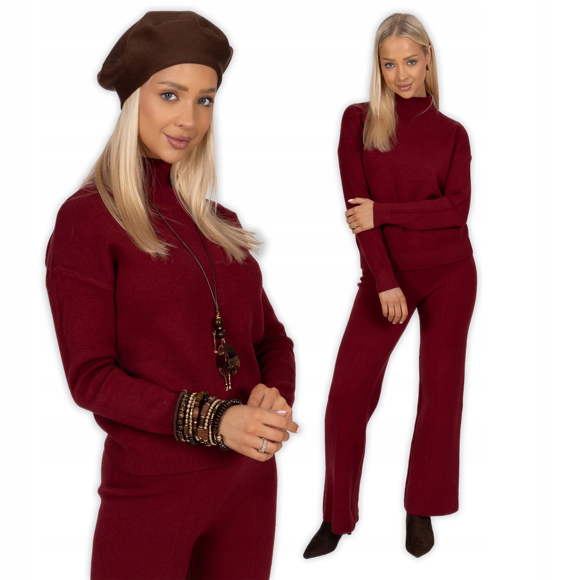 Pletený dámský pologolfový svetr a kalhoty Bordó Univerzální