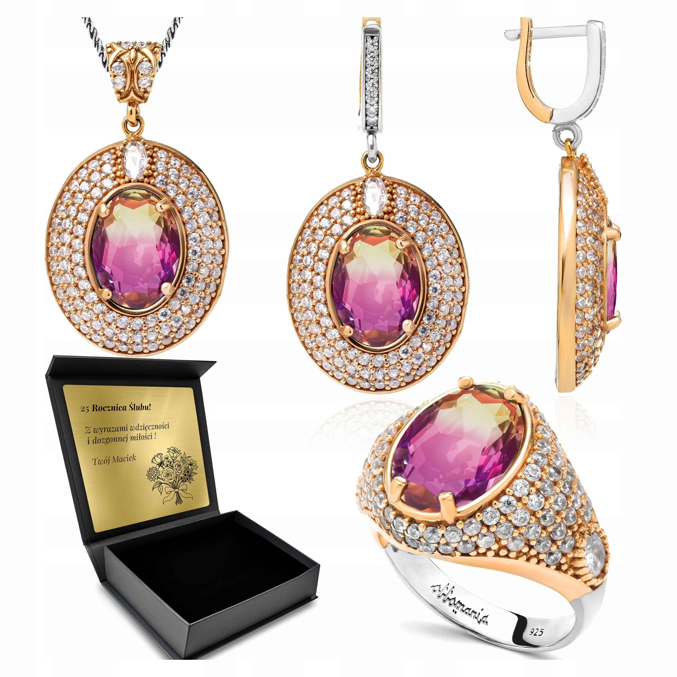 Sada Stříbrných Šperků 925 Zirkony Ametryn Sada Pro Ženu Gravírování