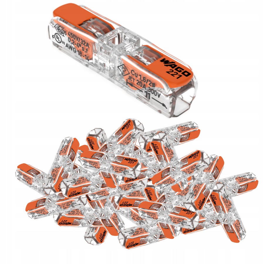 50szt Zestaw Szybkozłączka Wago przelotowa 221-2411 drut linka 2x4mm