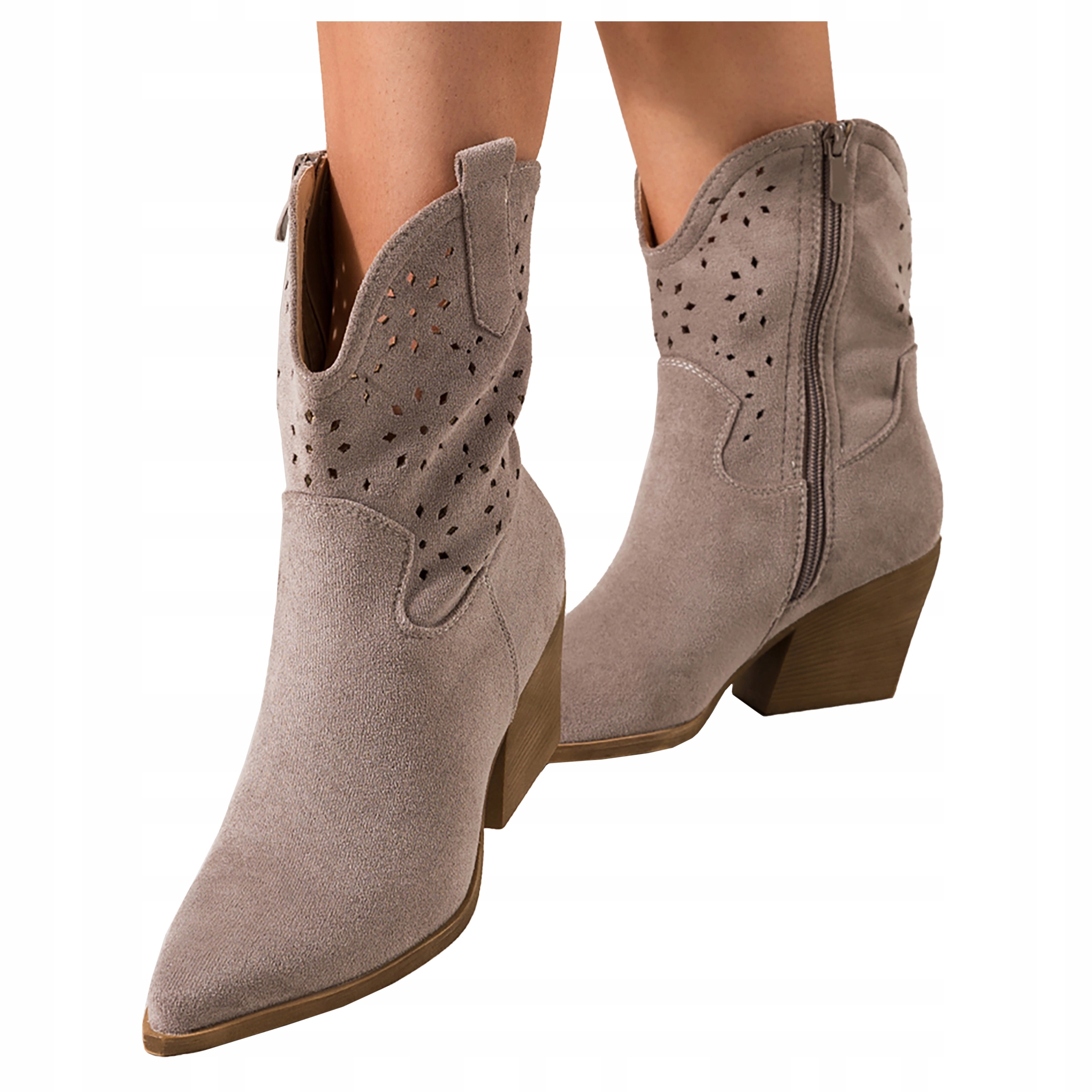 Šedé dámské kotníkové boty Jarní Kovbojské Boty Ažurové Módní Na Podpatku Kostky vel. 37