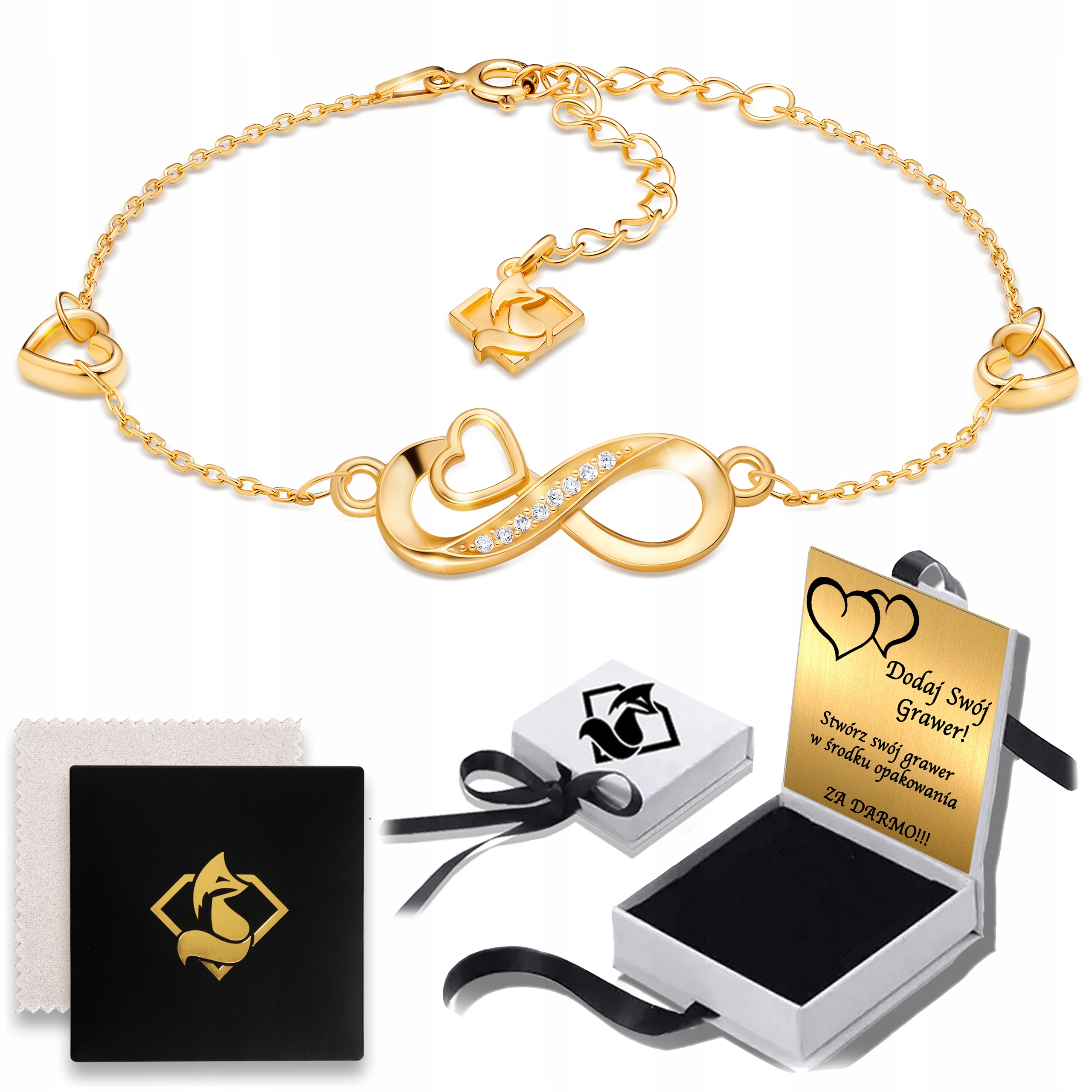 Dámský náramek Zlatý 925 Nekonečno Srdce s gravírováním Celebrity