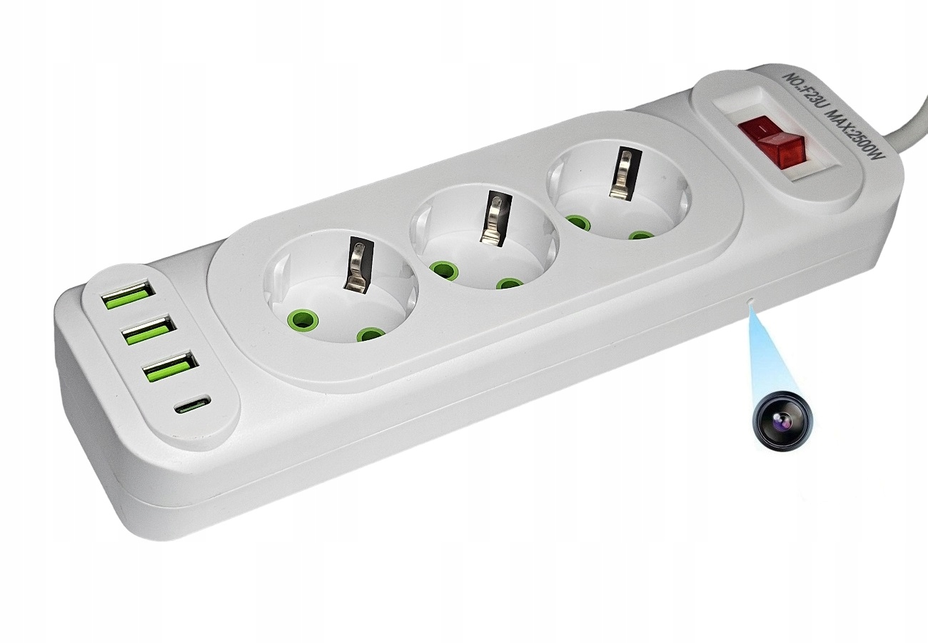 Skrytá Kamera Prodlužovací Zásuvková Lišta 3 Zásuvky 3xUSB 1xTYP C Wifi