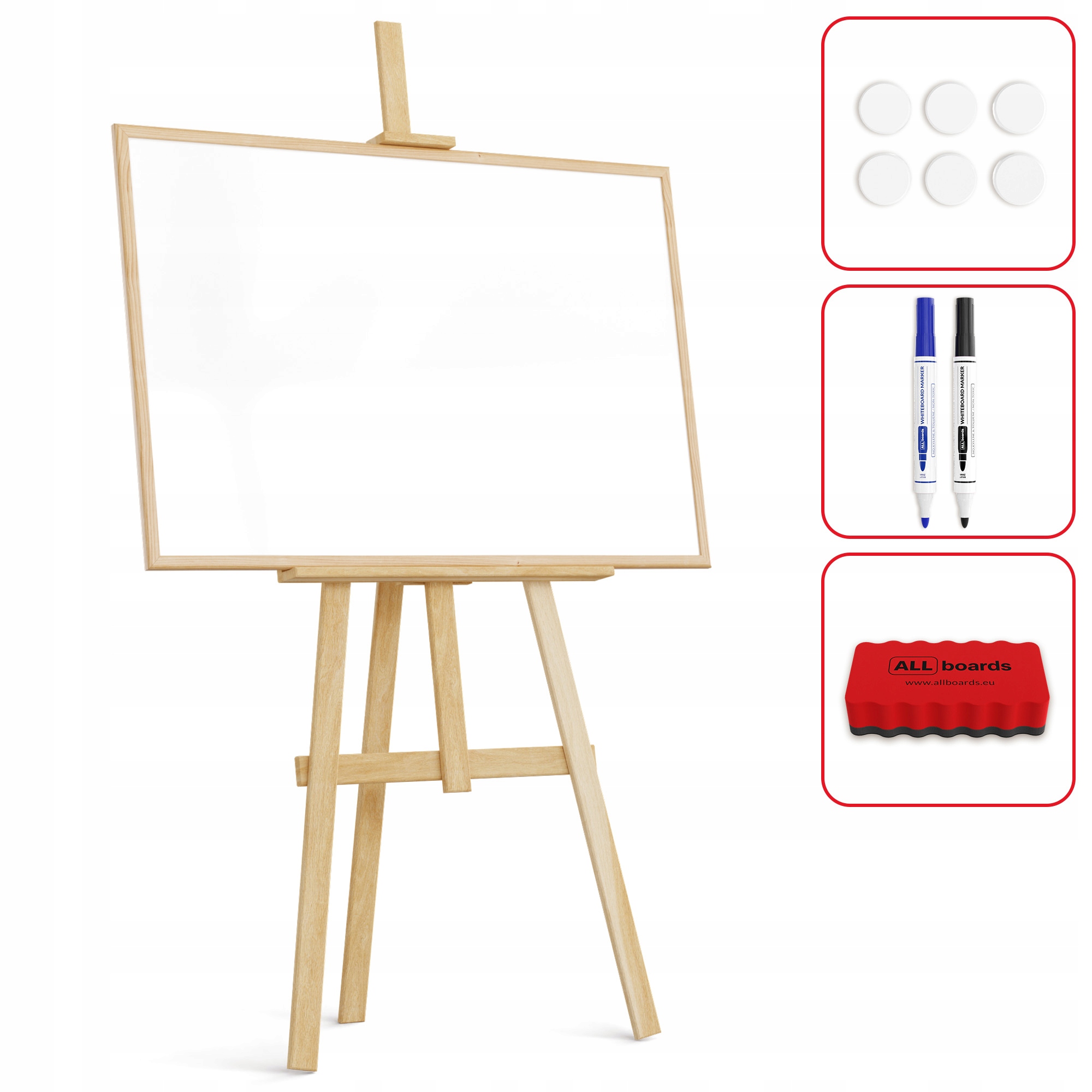 Tablica biała magnetyczna rama drewno 90x60+sztaluga drewniana