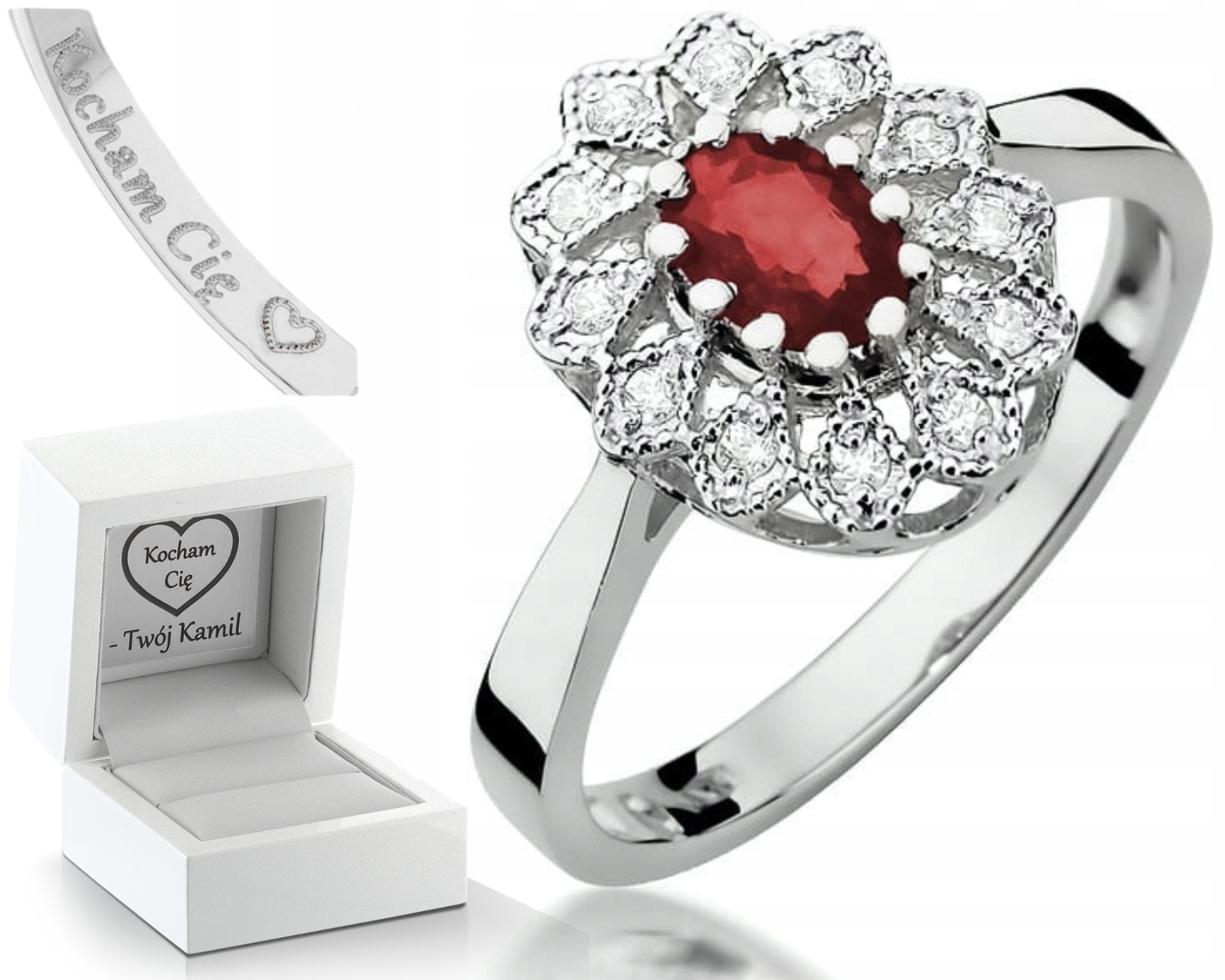 Bílé Zlato Prstýnek Rubín 585 Brilianty 0,10 Ct