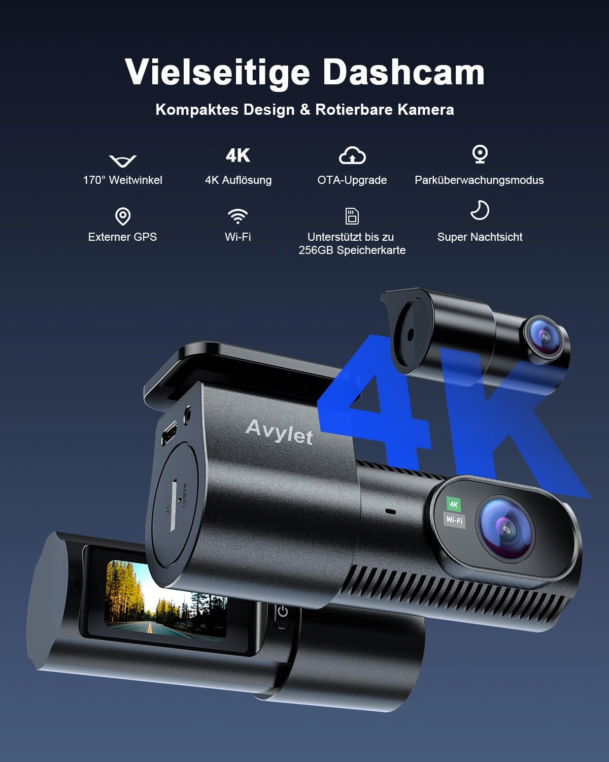 AVYLET Kamera Samochodowa 4K 1080P Przód Tył WiFi GPS Nocny Tryb 170° 150° — miniatura 2