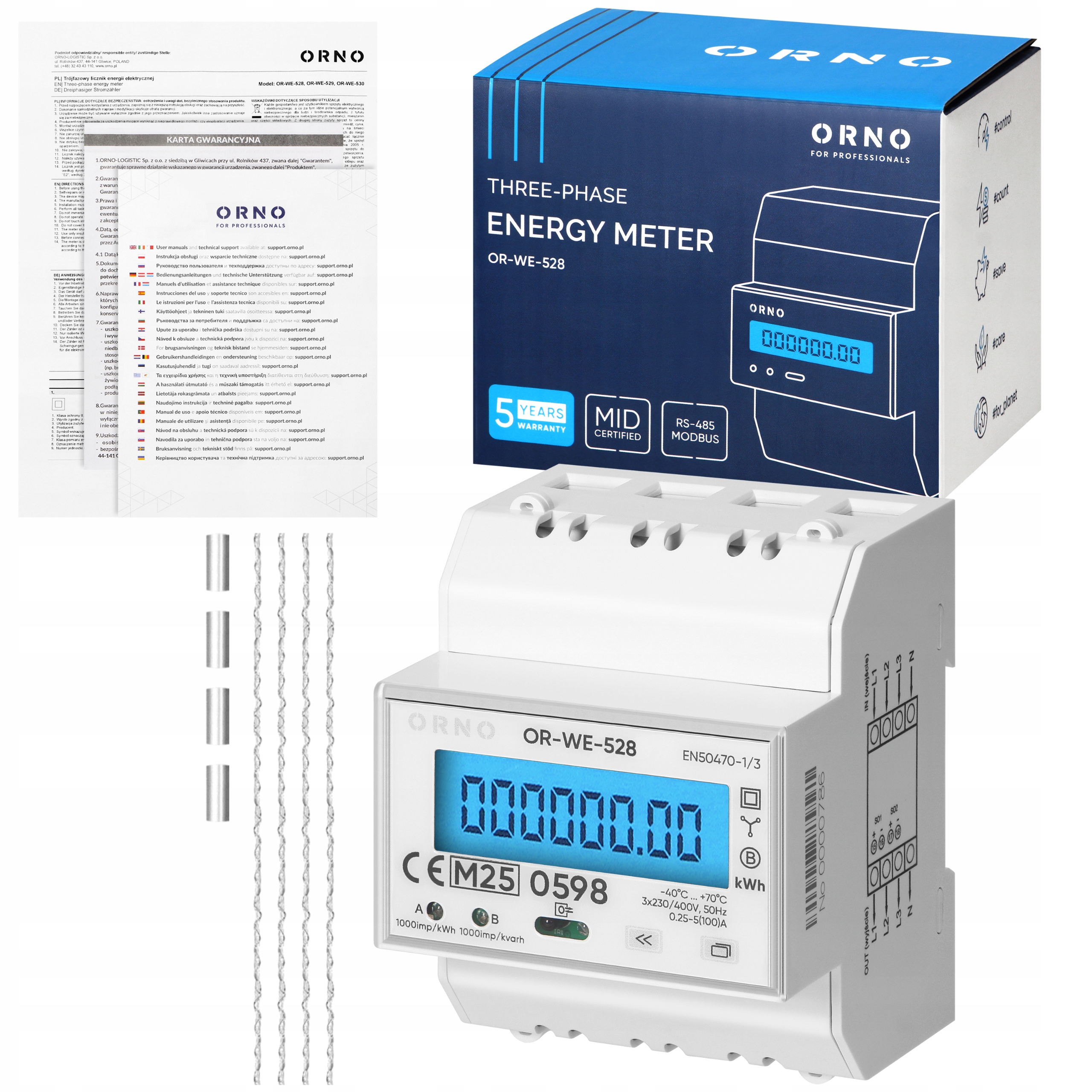 3 fázový obojsmerný merač energie 100A MID 4 moduly Din TH-35mm Orno