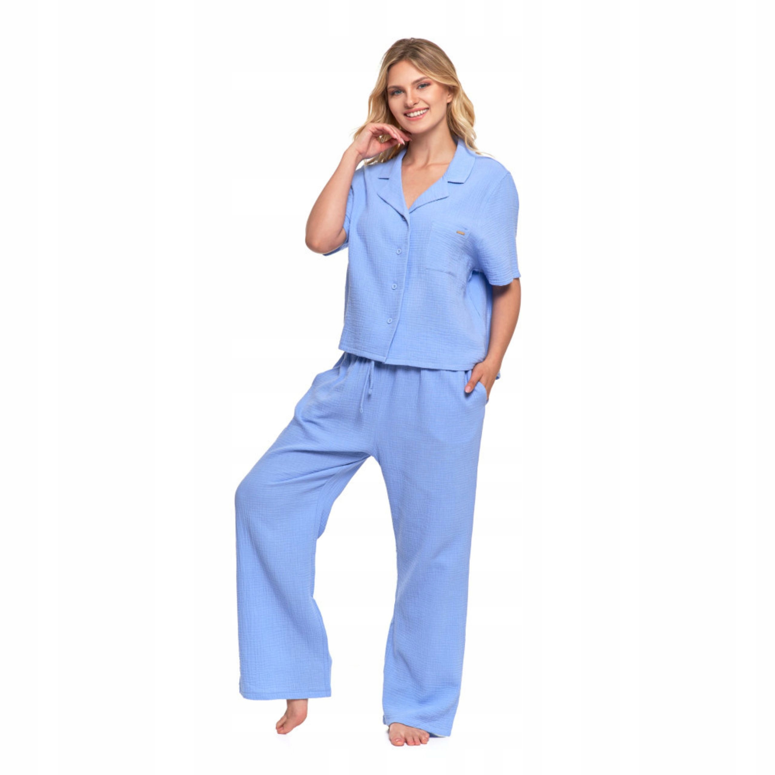 Dámské mušelínové pyžamo XXL modré s krátkým rukávem, lehké jako dárek Moraj