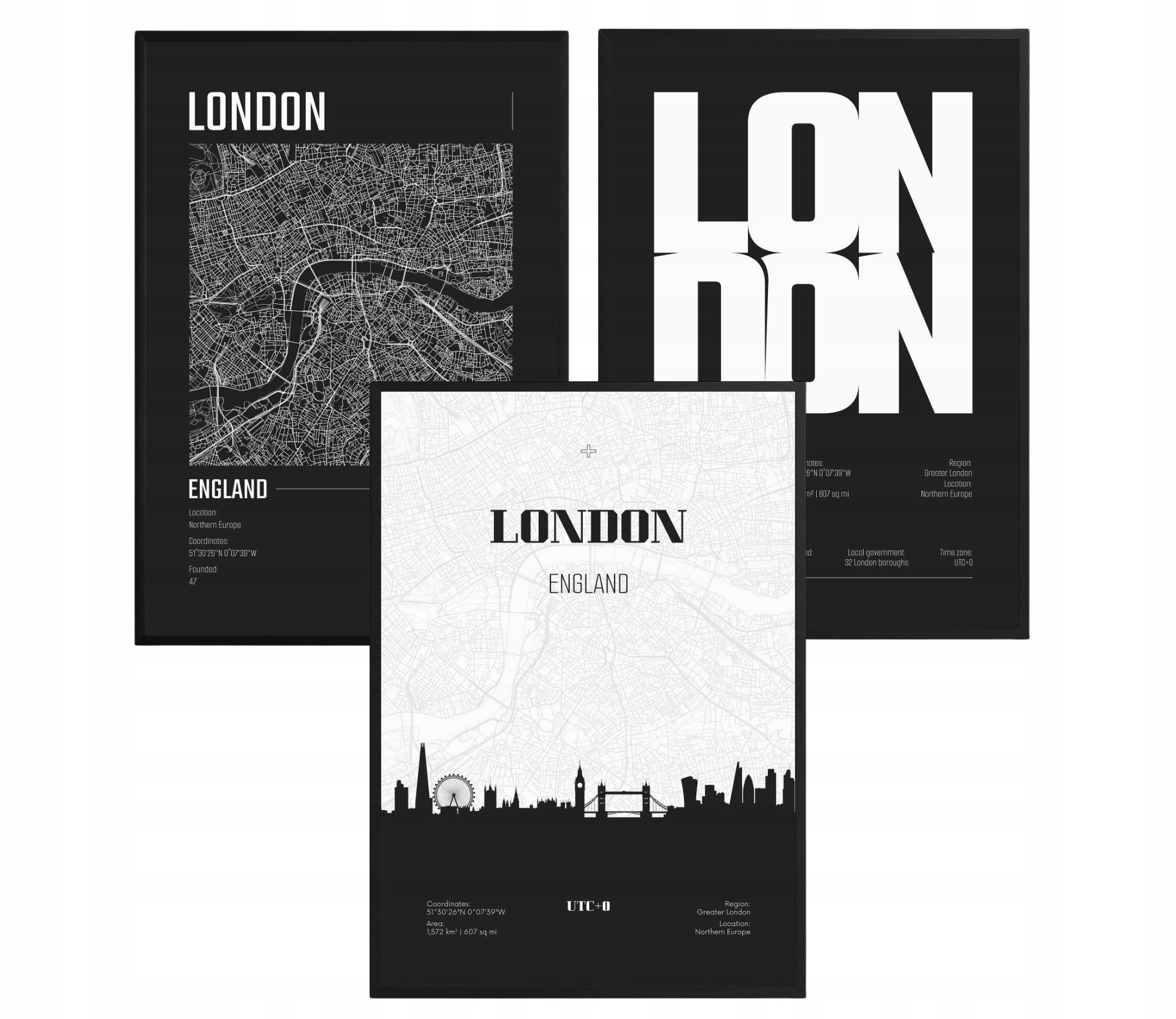 Sada plagátov London England Mapa Čiernobiele Obrazy do obývačky 61x91