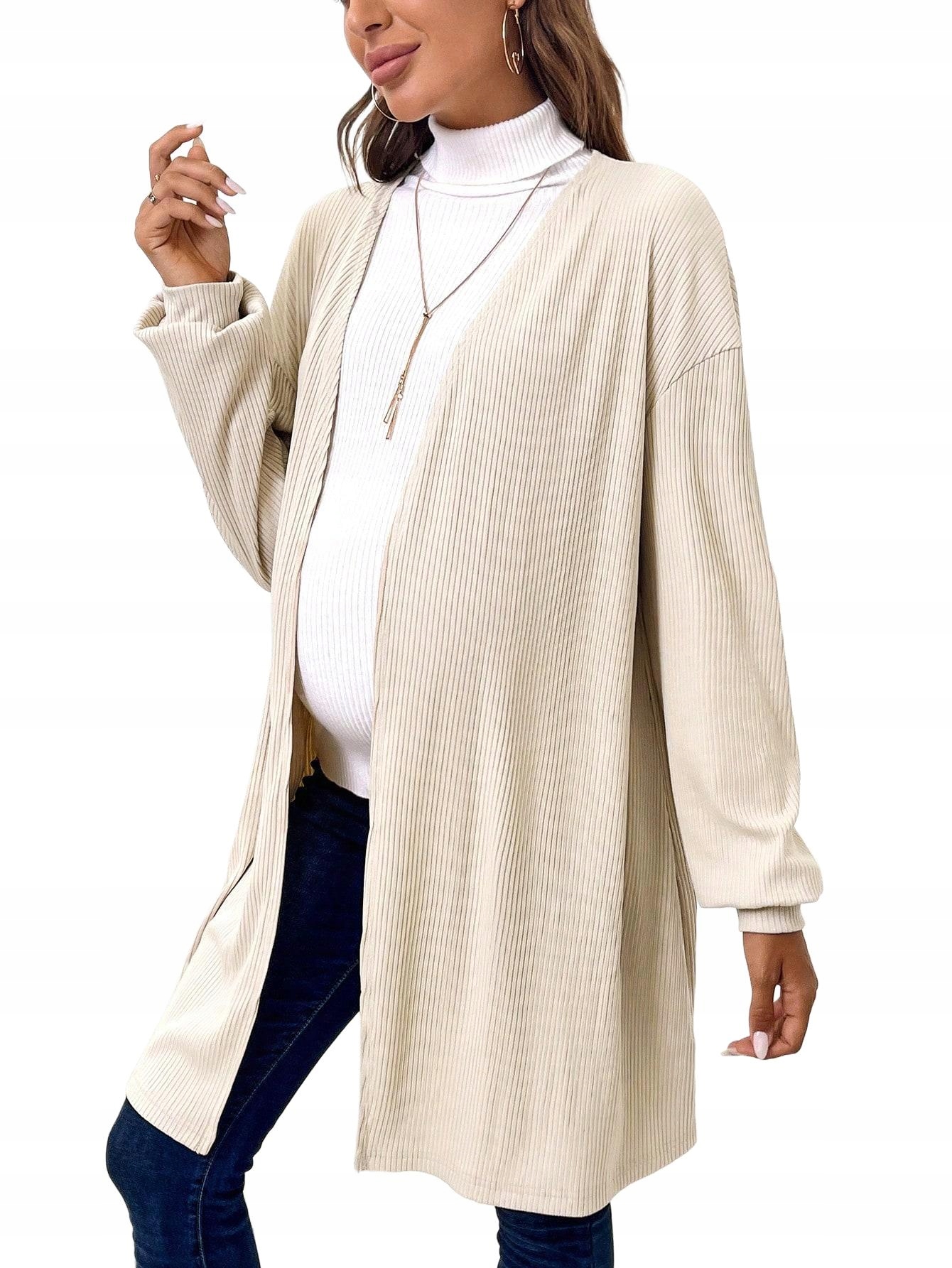 KARDIGAN CIĄŻOWY KREMOWY PRĄŻKOWANY DO KOLAN BEZ ZAPIĘCIA ILP SHEIN L