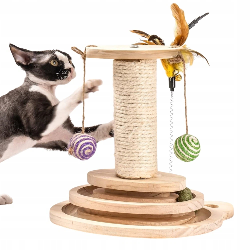 Levně Škrabadlo Pro Kočky Škrabací Sloupek Hračka Věž 4V1 Pírko A Míčky Kuličky