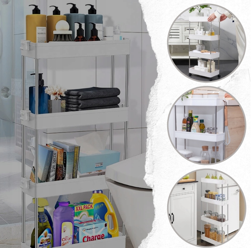 PÓŁKA ŁAZIENKOWA KUCHENNA SZAFKA NA KÓŁKACH REGAŁ 4 POZIOMOWY Z HACZYKAMI Wysokość mebla 85 cm