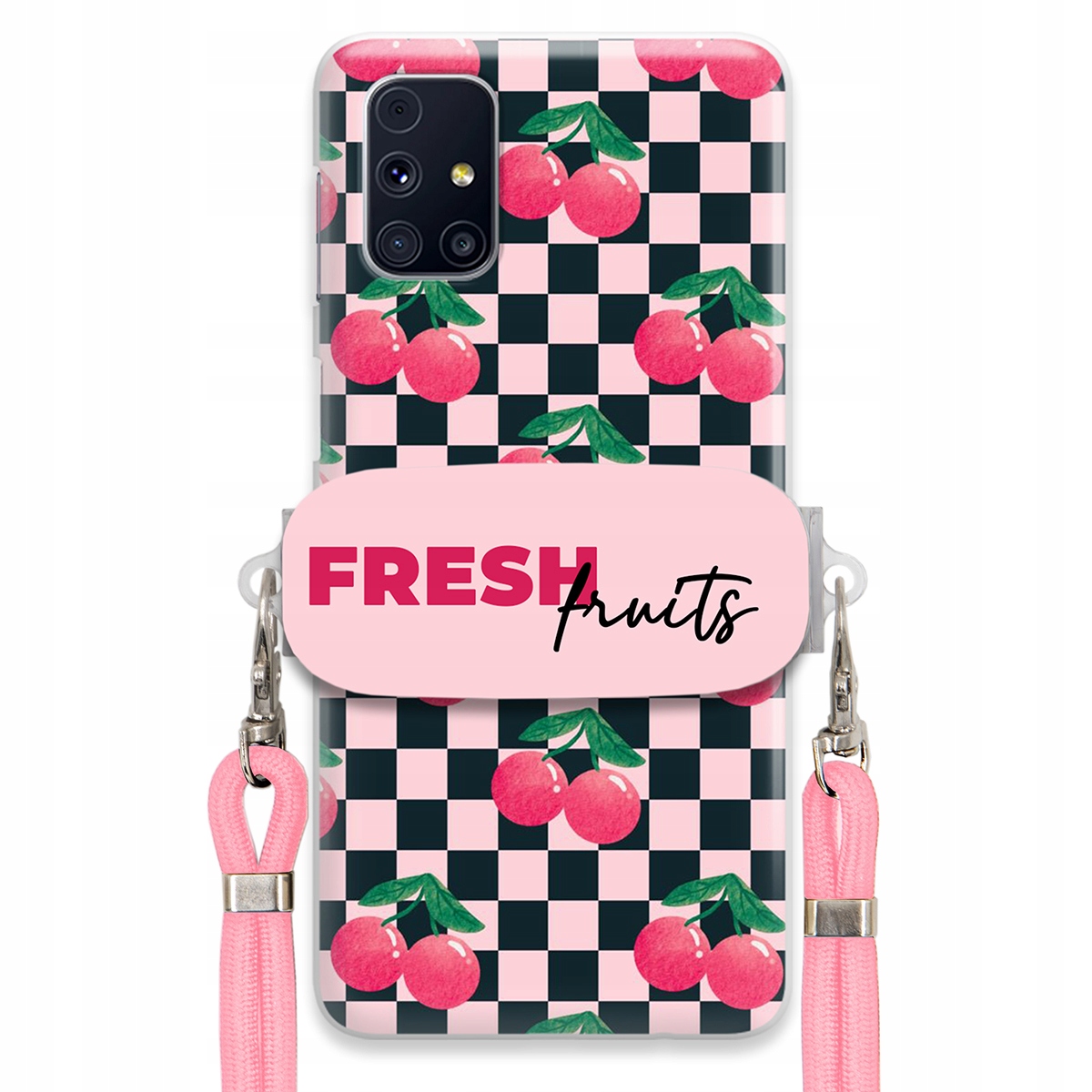 Puzdro pre Samsung M31s Vodítko Pink Crossbody Šachovnicový držiak Fresh Fruits