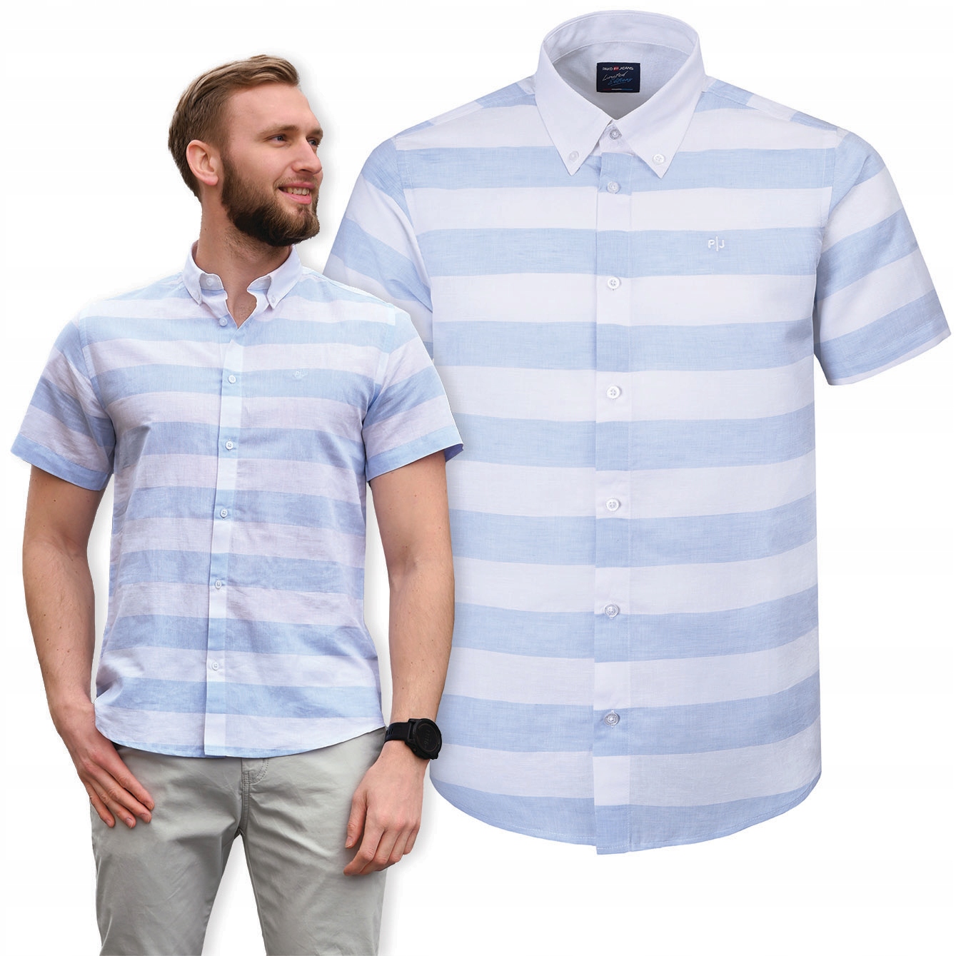 Pánská pruhovaná košile s krátkým rukávem Lniana Regular Fit L Pako Jeans