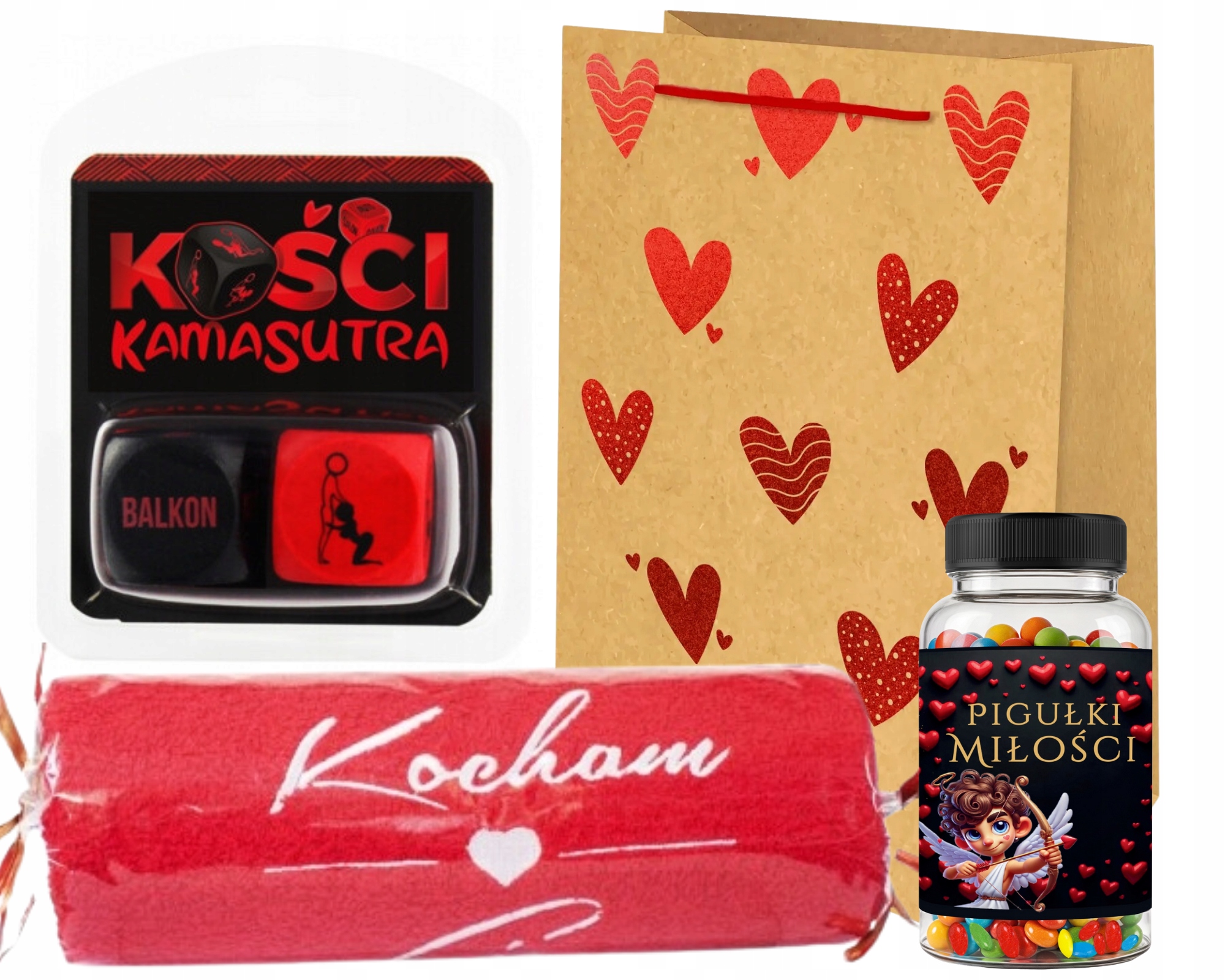 ZESTAW Ręcznik KOCHAM CIĘ + Kości Kamasutra + Pigułki Miłości na Rocznicę