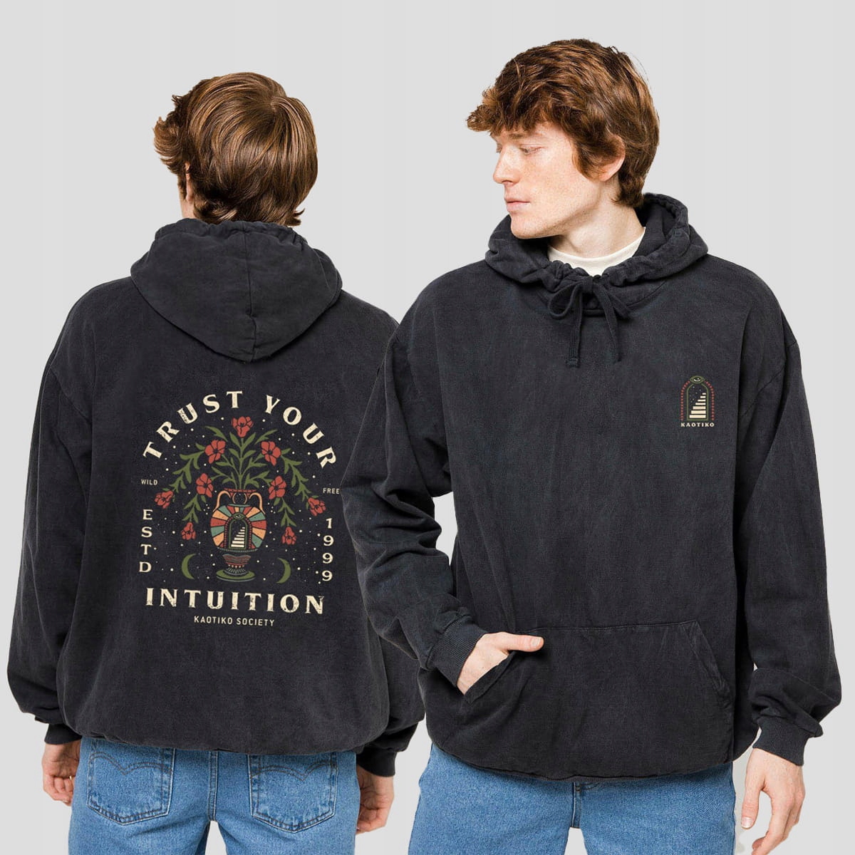 Mikina s kapucí Kaotiko Washed Trust Your Intuition XXL Černá, Městská