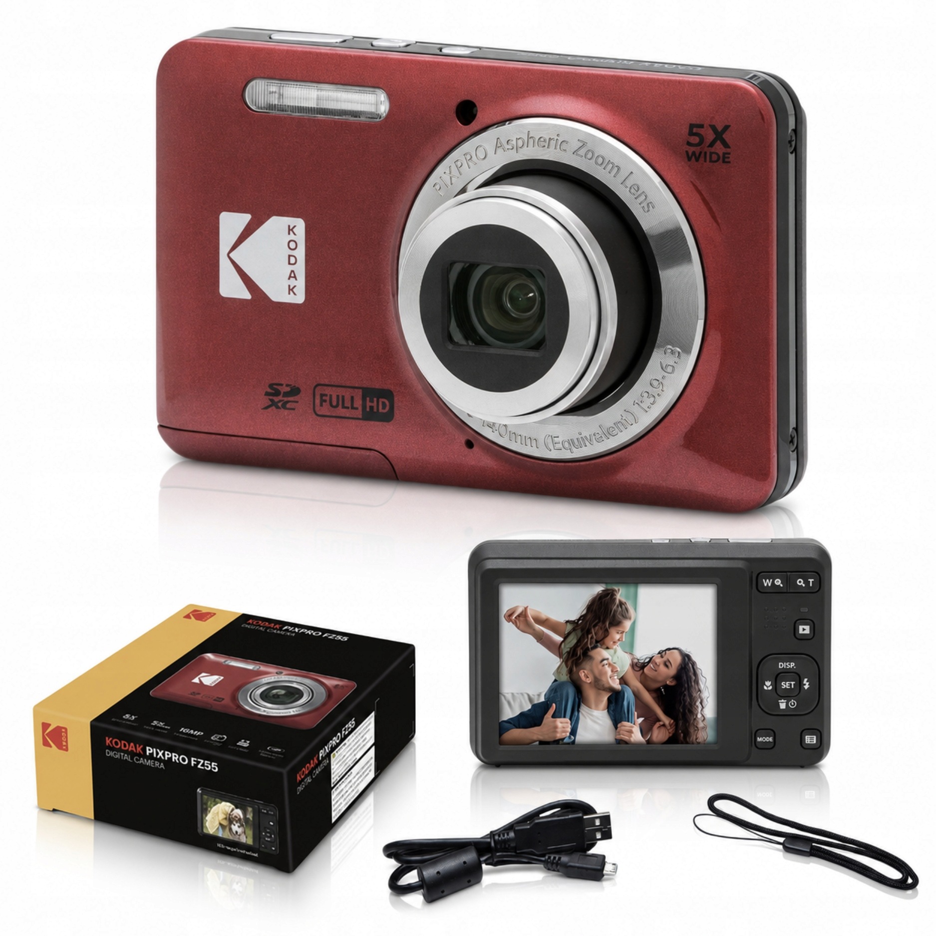 Kodak Pixpro FZ55 Kompaktní digitální fotoaparát 16MP Full Hd Retro Červený
