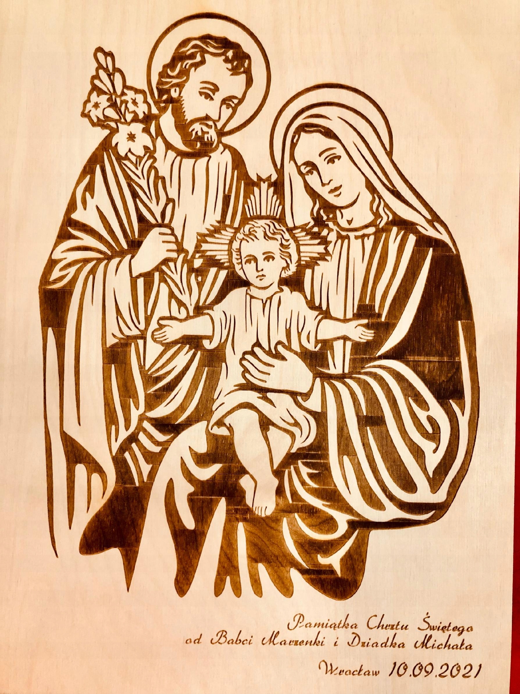 Obraz Ježíše, Marie Rodina, gravírovaný do dřeva