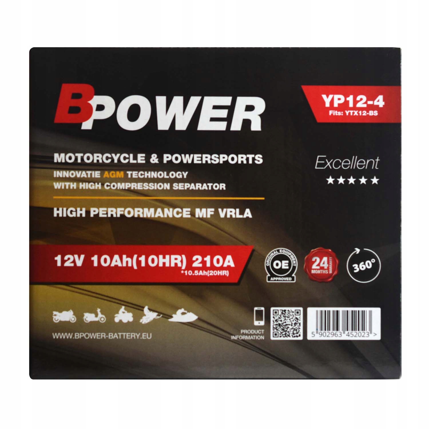 BPower Excellent AGM YP12-4 12V 10Ah 210A YTX12-BS Producent BPower