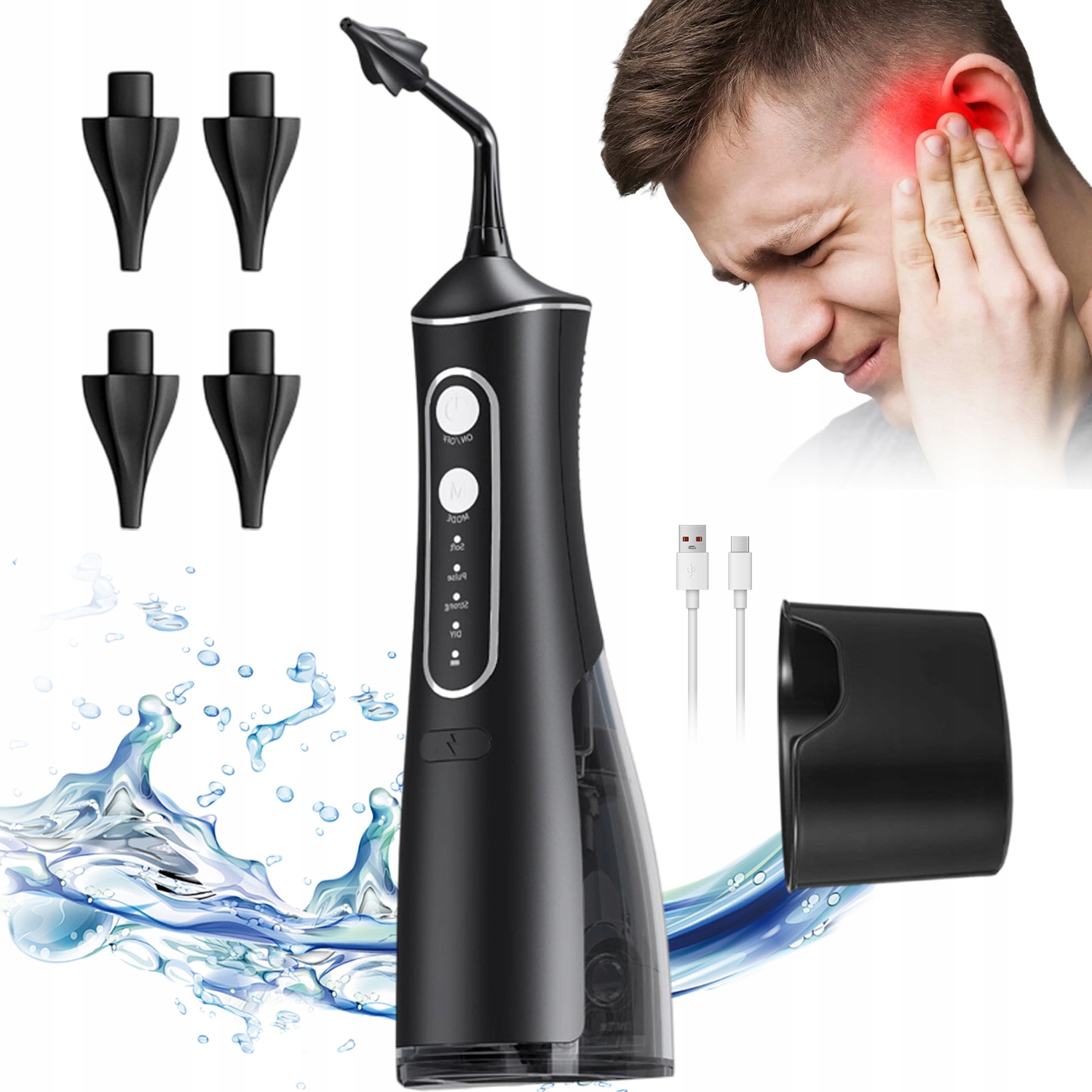 Irygator Do Czyszczenia Uszu Z Dyszami Wymiennymi Akumulator 700MAH