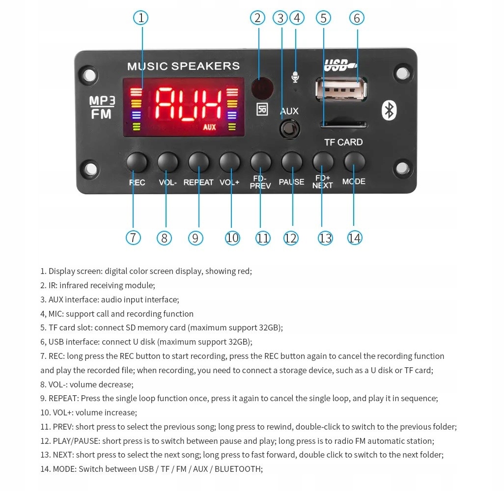 moduł bluetooth 5 do radia sam. MP3. Pilot AUX USB Marka 3M