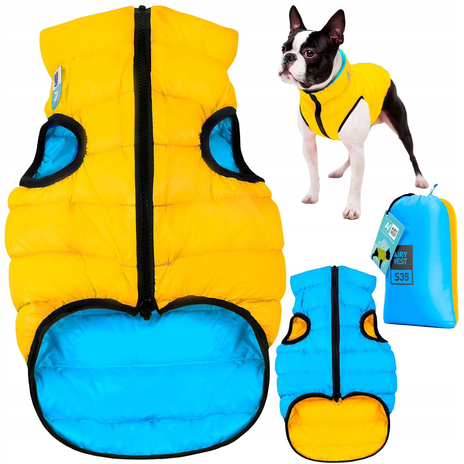 Levně Oboustranná bunda pro psa se zipem, teplá, žluto-modrá, velikost Xs/s (S35)