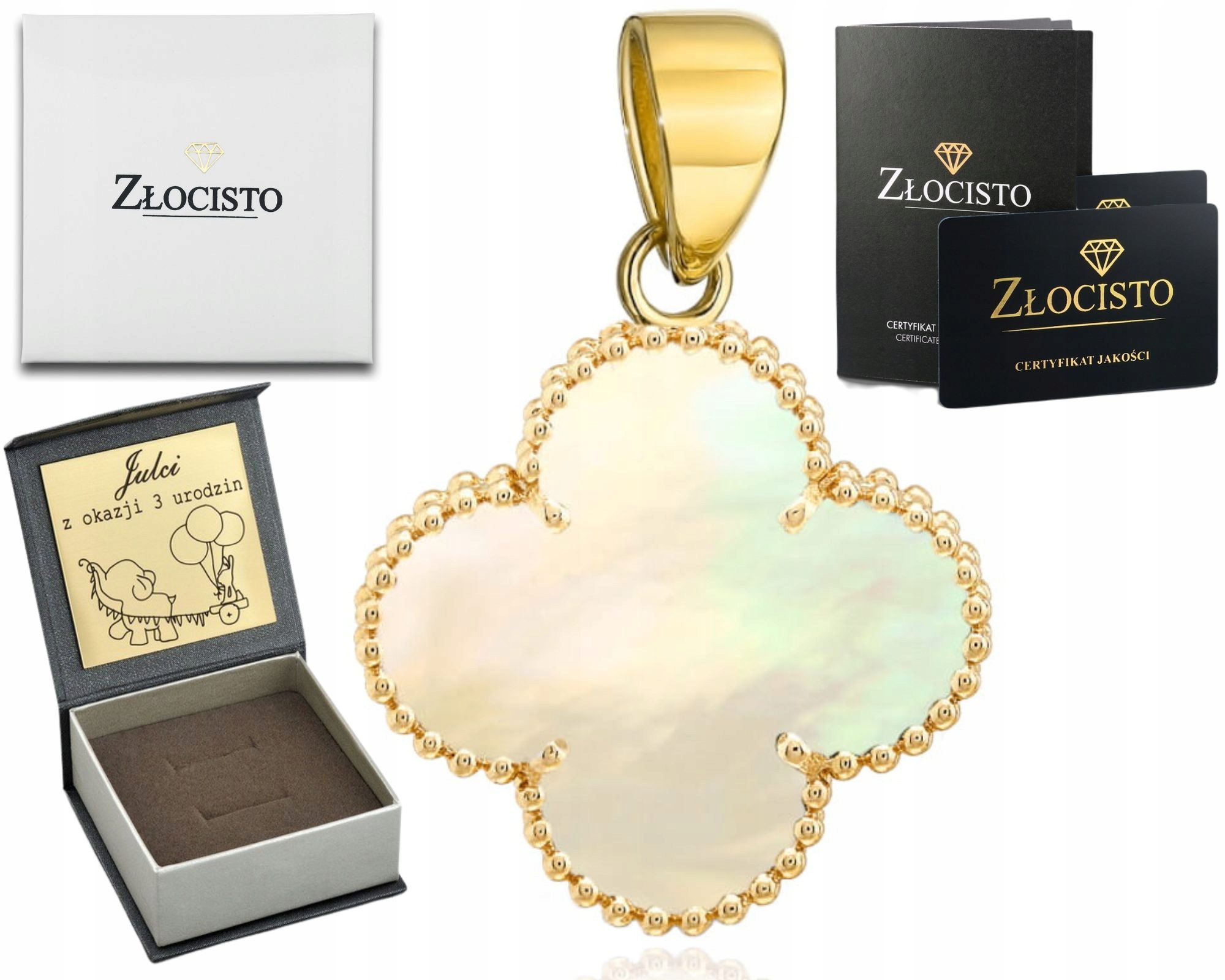 Zlatý přívěsek čtyřlístek 12 mm 585 s perleťovou hmotou – ideální dárek