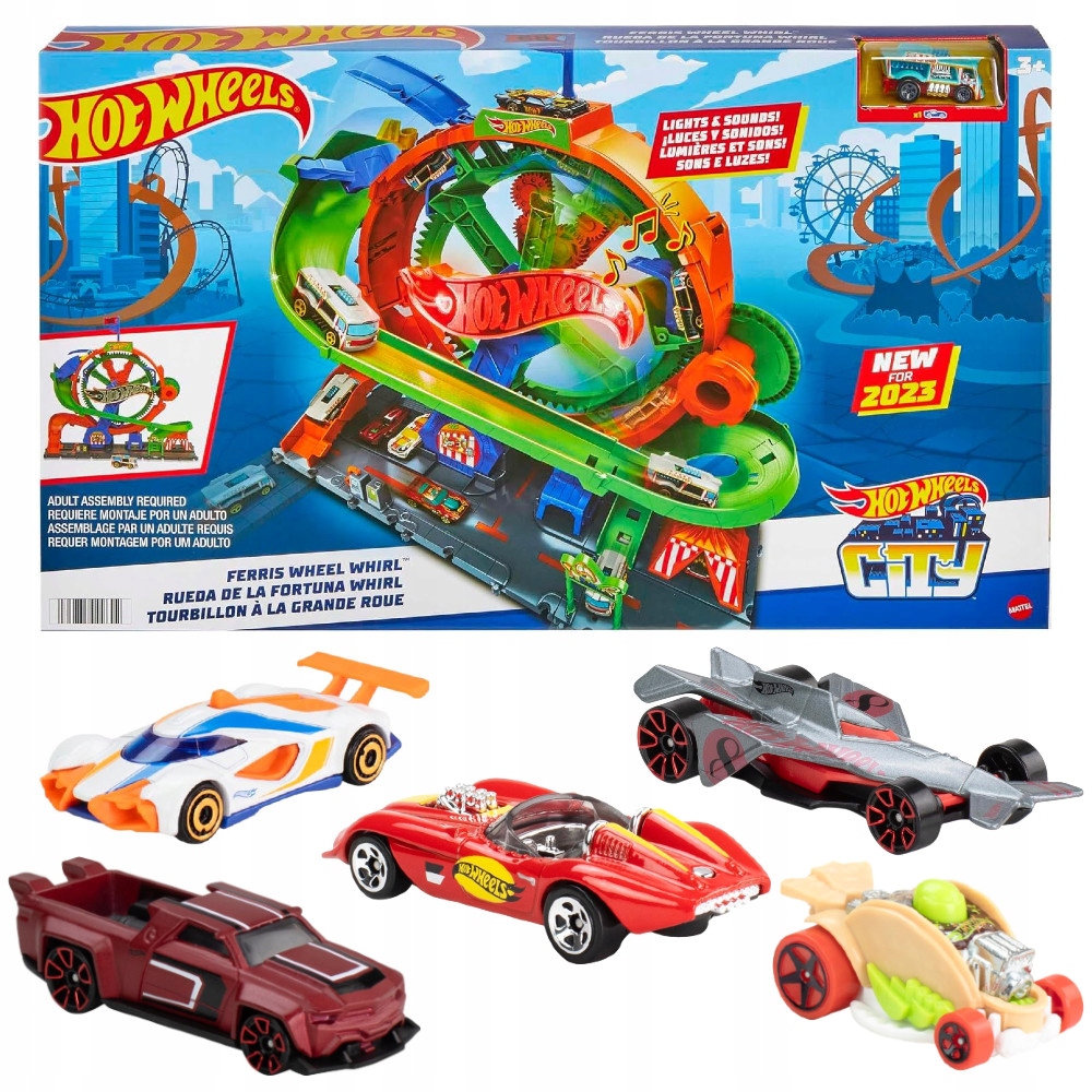 Hot Wheels Zestaw Tor Samochodowy Pętla Diabelski Młyn Dźwięk 5 Autek