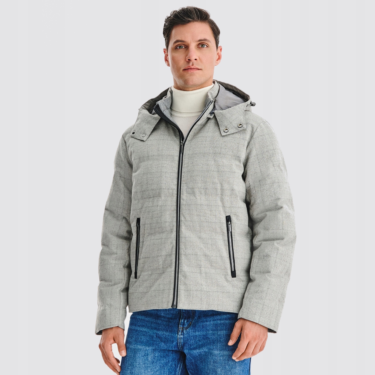 Šedá pánská zimní bunda s kostkovaným vzorem Glen check Pako Lorente vel