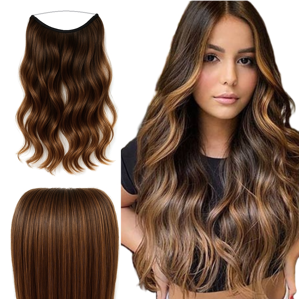 Vlasy kudrnaté na vlasci gumičkou Flip In bez sponek příčesek dopinka MIX Hnědých