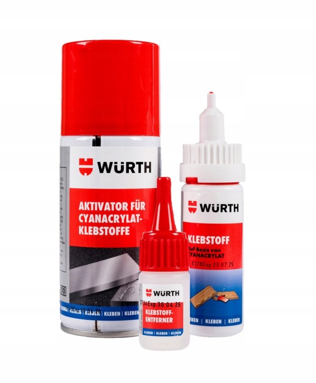 Silny klej błyskawiczny Wurth cyjanoakrylowy zestaw 3w1 utwardzacz+zmywacz