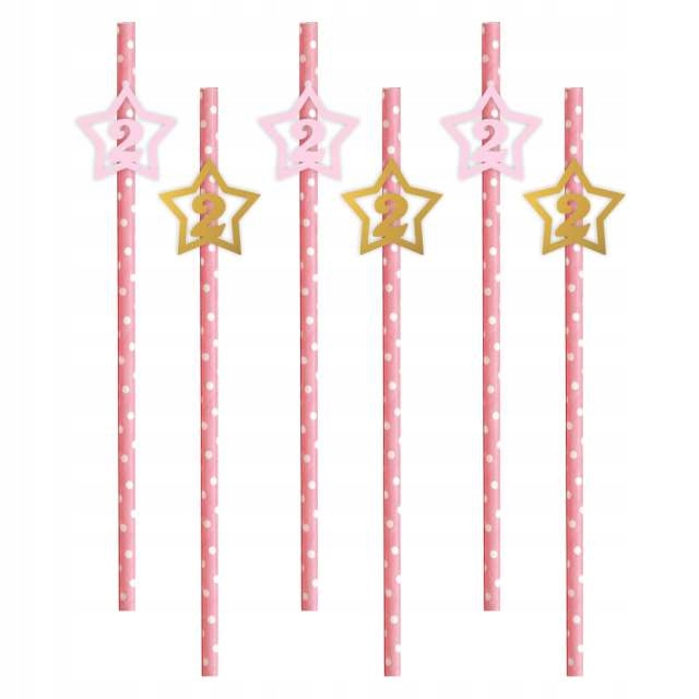 SŁOMKI w paski 2 URODZINY złoty-róż PAPIEROWE x6