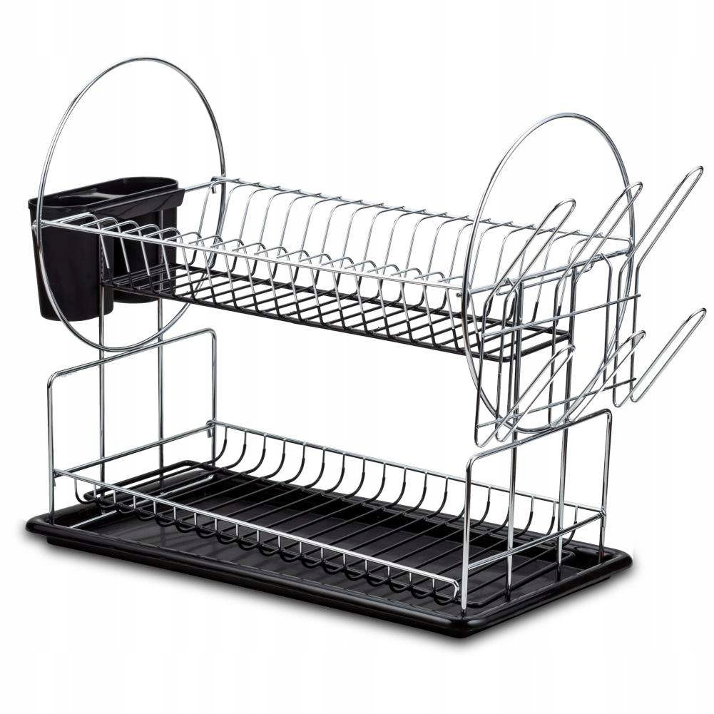 Levně Dvouúrovňová sušička na nádobí, talíře, příbory, černá, stojící