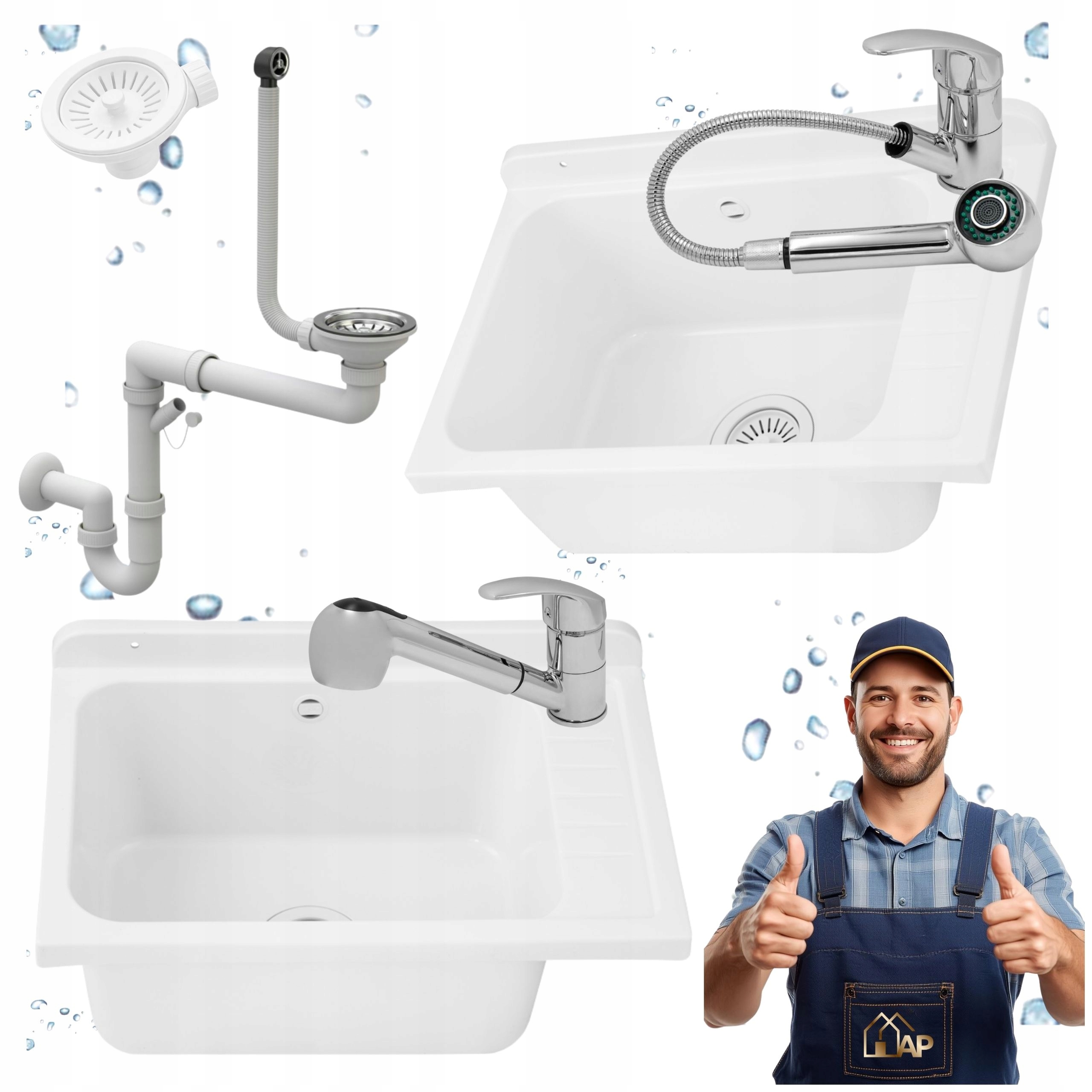 Technická komora Technický Dřez Bílá Baterie Vytahovací Chrom Sada