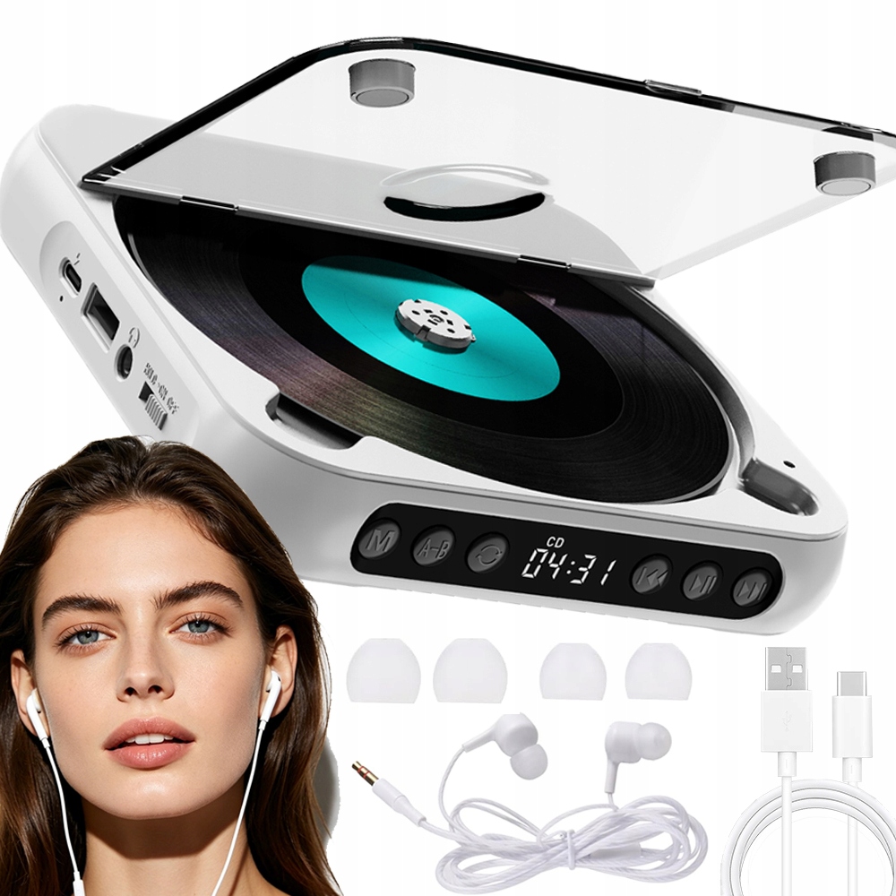 Přenosný CD Přehrávač Bluetooth CD Reproduktor Usb MP3 Sluchátka Bílá